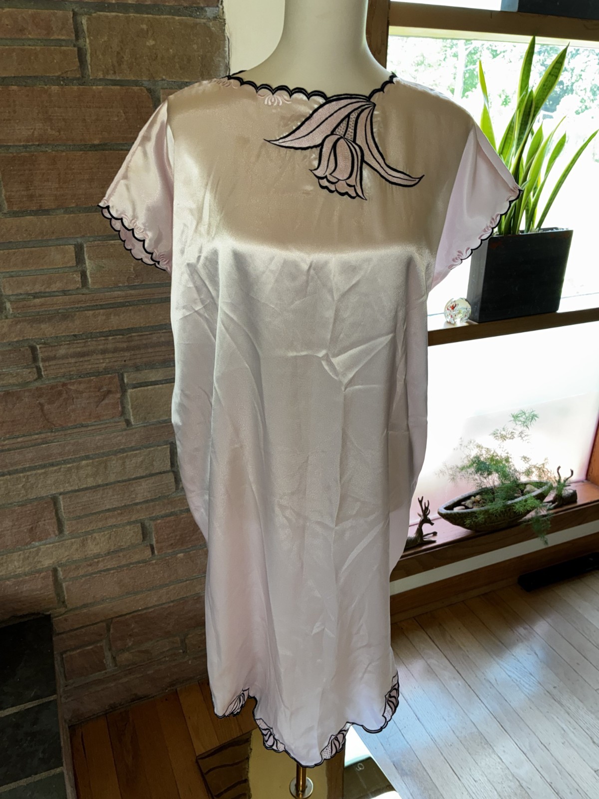 Vintage Pink Satin Floral Nightgown Hollywood Glam Art Deco Look