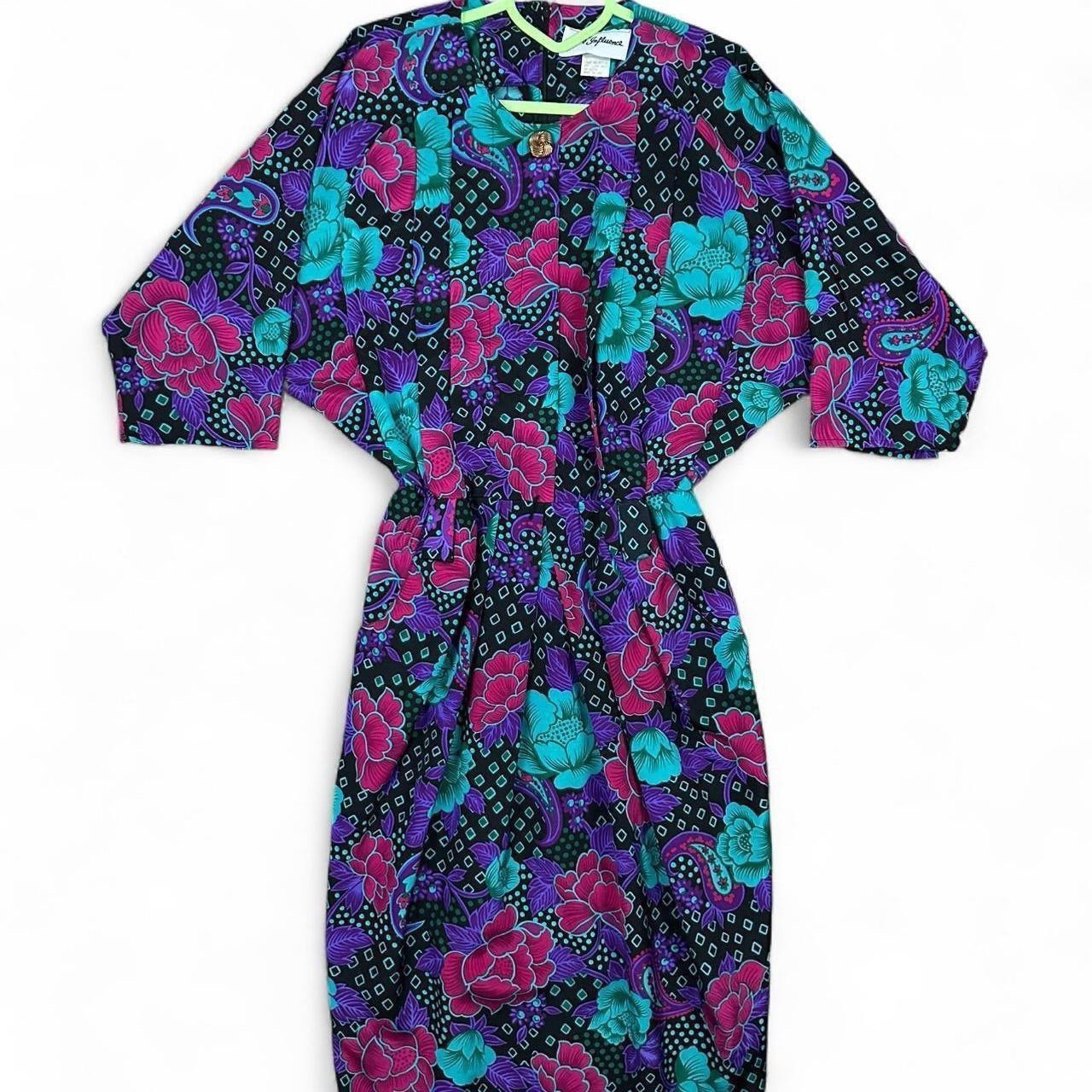 80s purple and black floral print dress with 3/4 sleeves