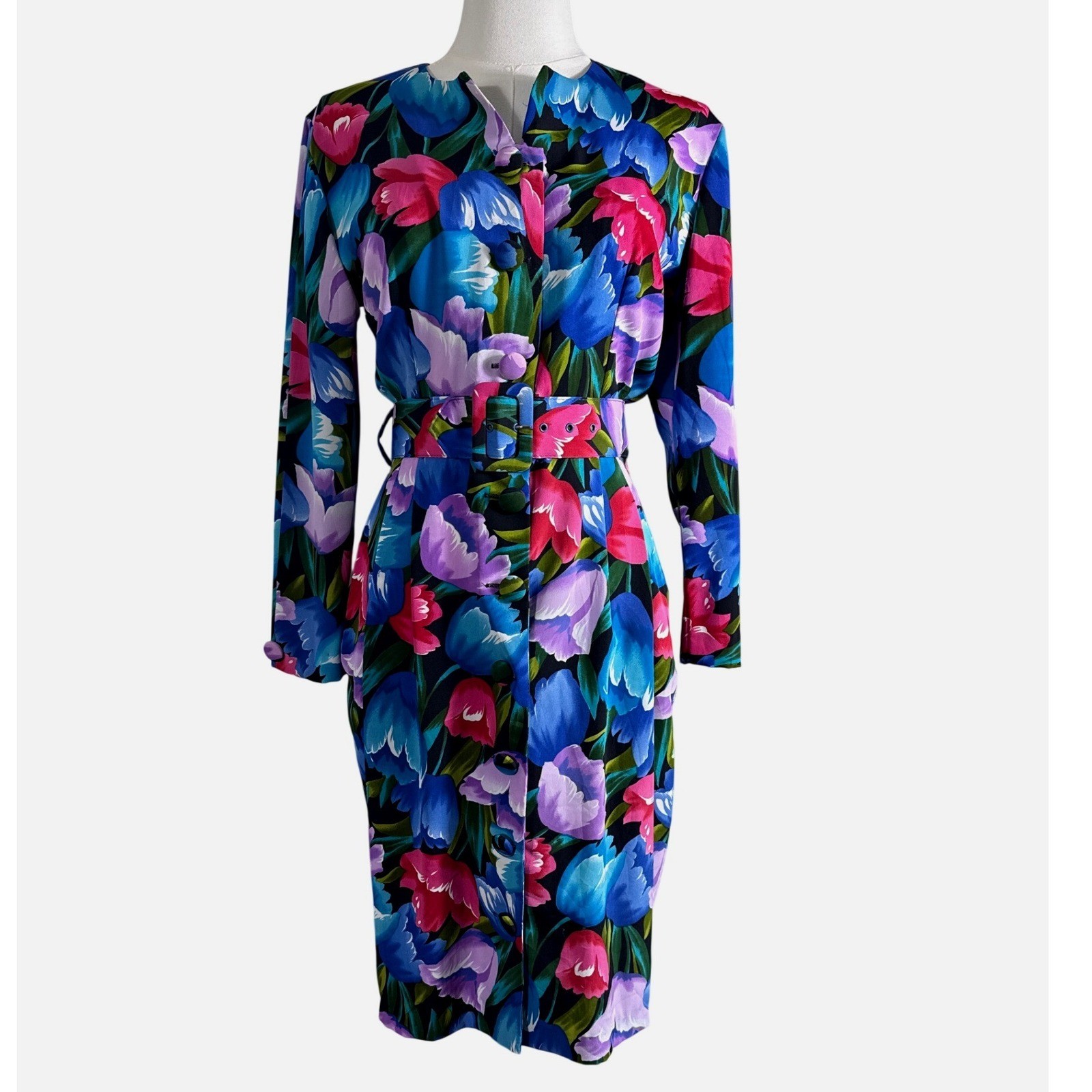 Petite Sophisticate Vintage Floral Tulip Belted Sheath Dress Blue 4P 1592257P
