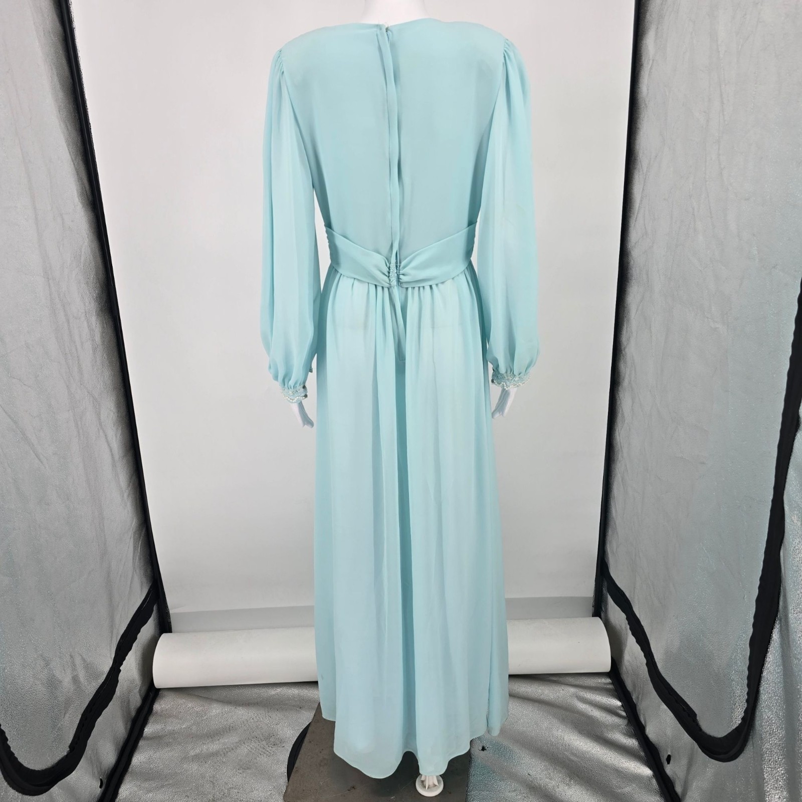 Vintage 1970s Powder Blue Chiffon Beaded Bodice Formal Maxi Dress/Gown (M)