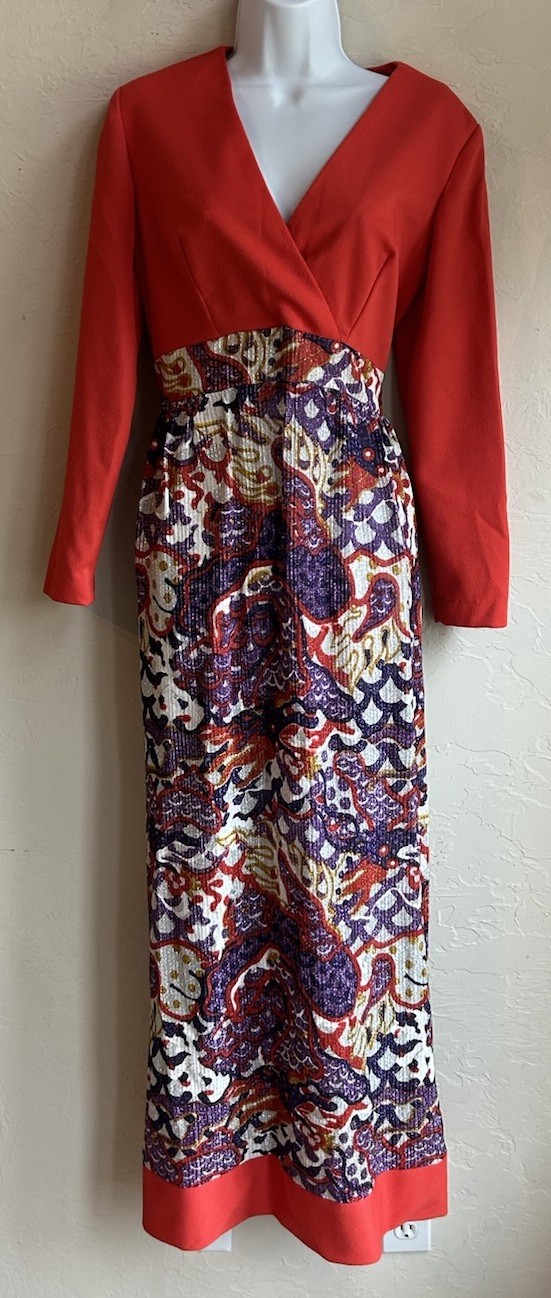 Vintage 1970s Metallic Paisley Maxi Dress M Red Empire Psychedelic Evening Gown