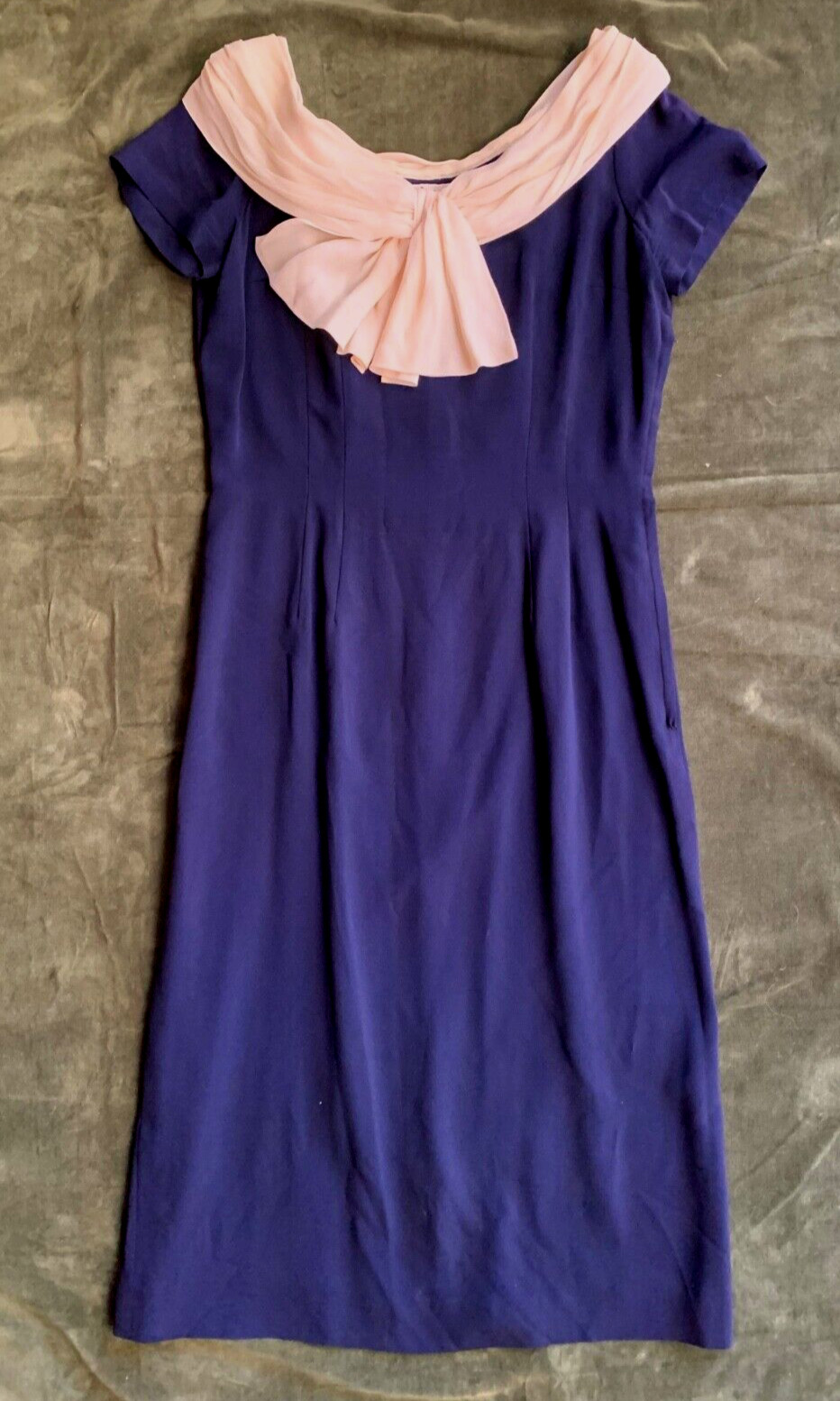 Leakas Dayton, vintage navy crepe dress with ivory chiffon portrait collar-M/L