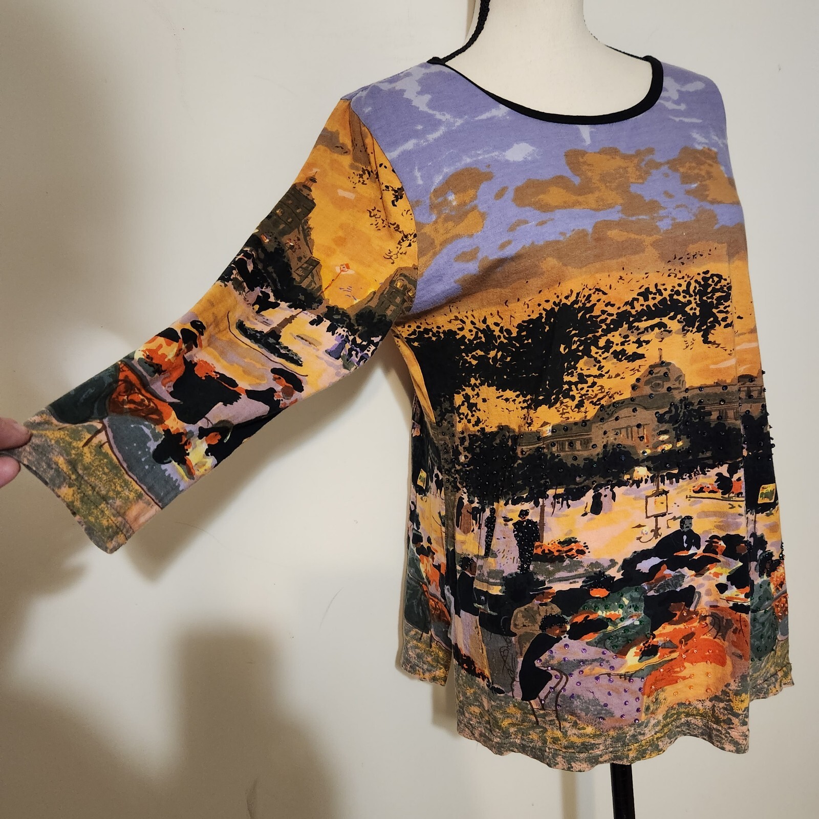 Vintage Y2K Take Two Top European Cafe Graphic all over print 3/4 sleeve SZ L