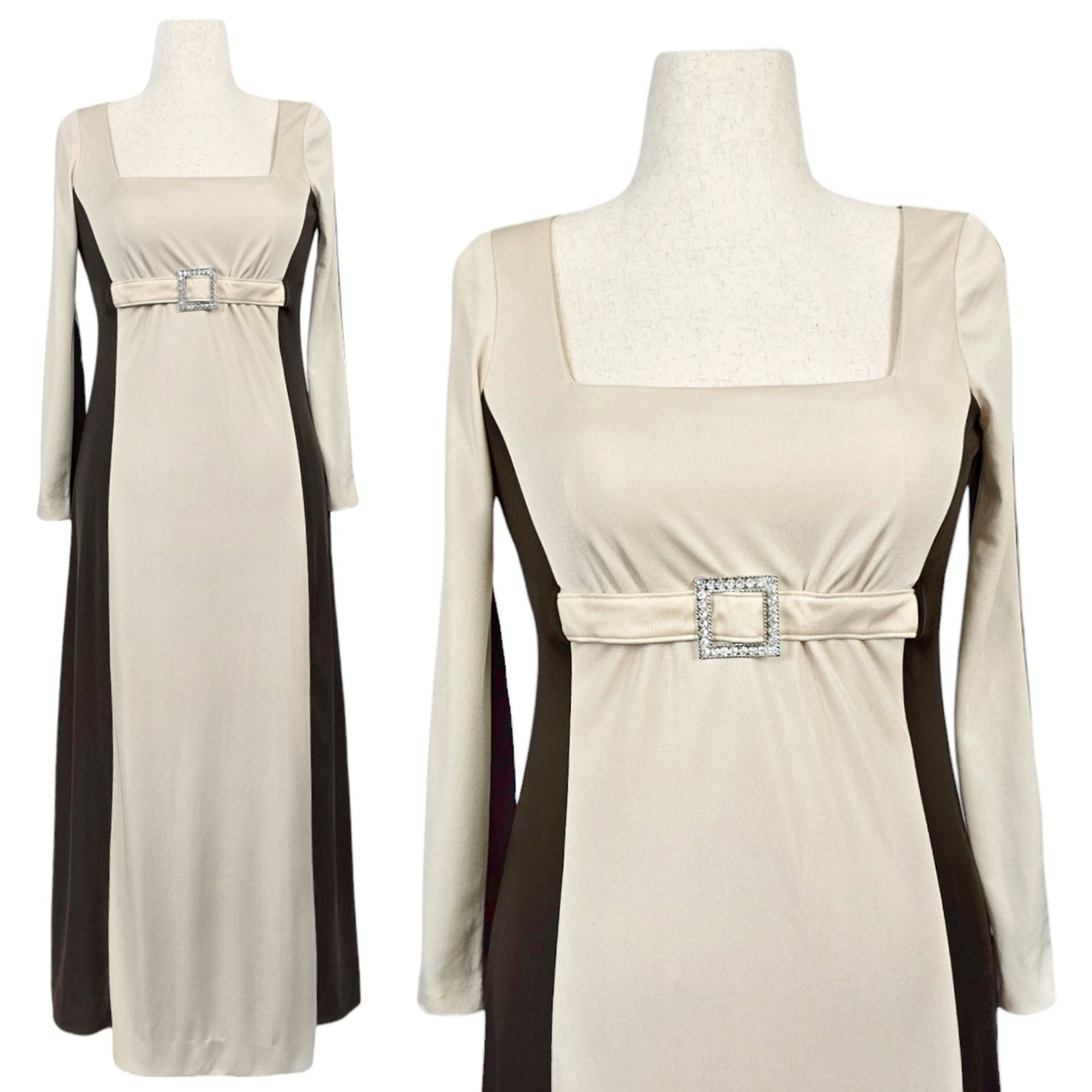 1970s Vintage Dress 70s Formal Eva Gabor Colorblock Brown S/M Small Medium Belt