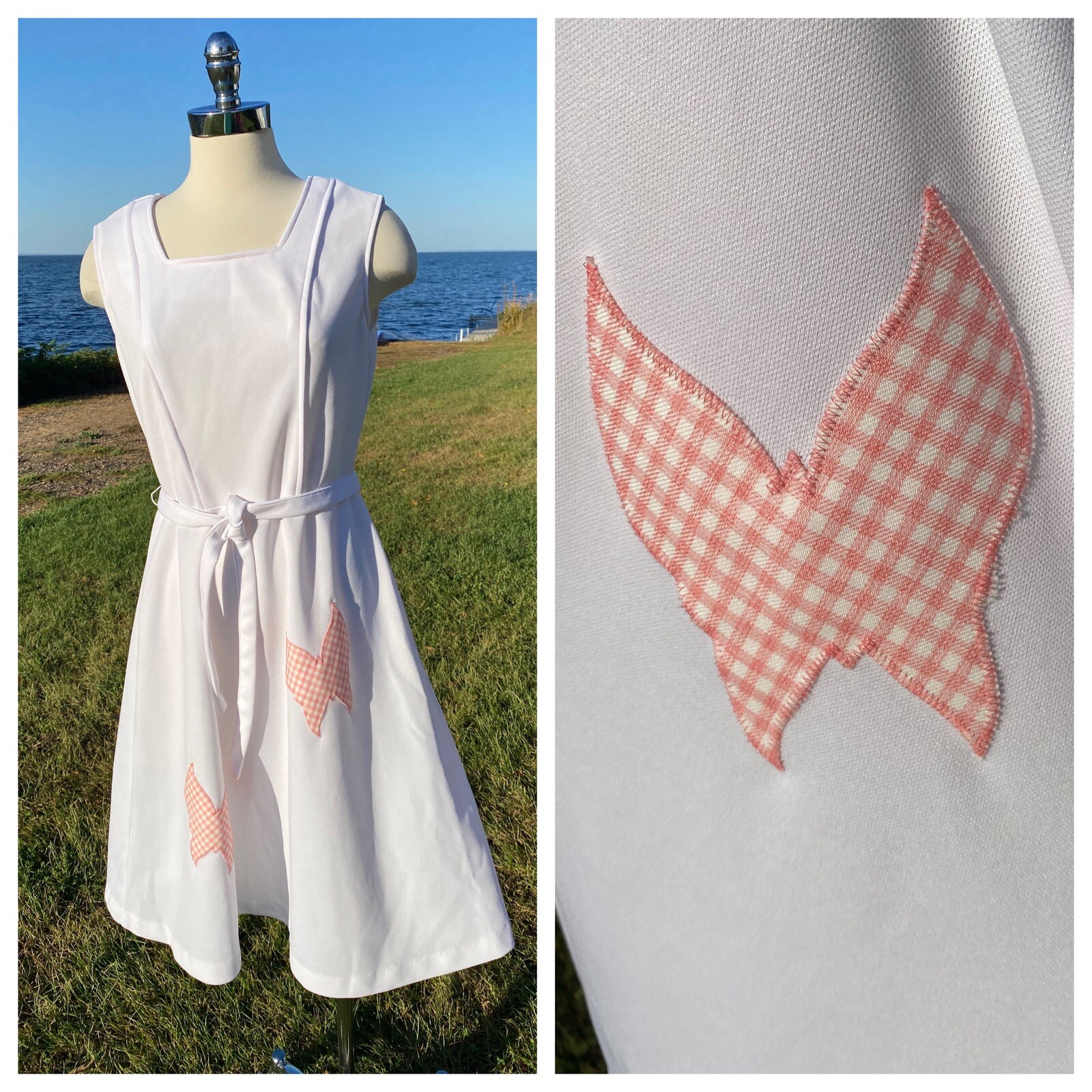 Vtg 1970s Dress White Polyester w Pink Gingham Butterflies Sz 10 12 Summer