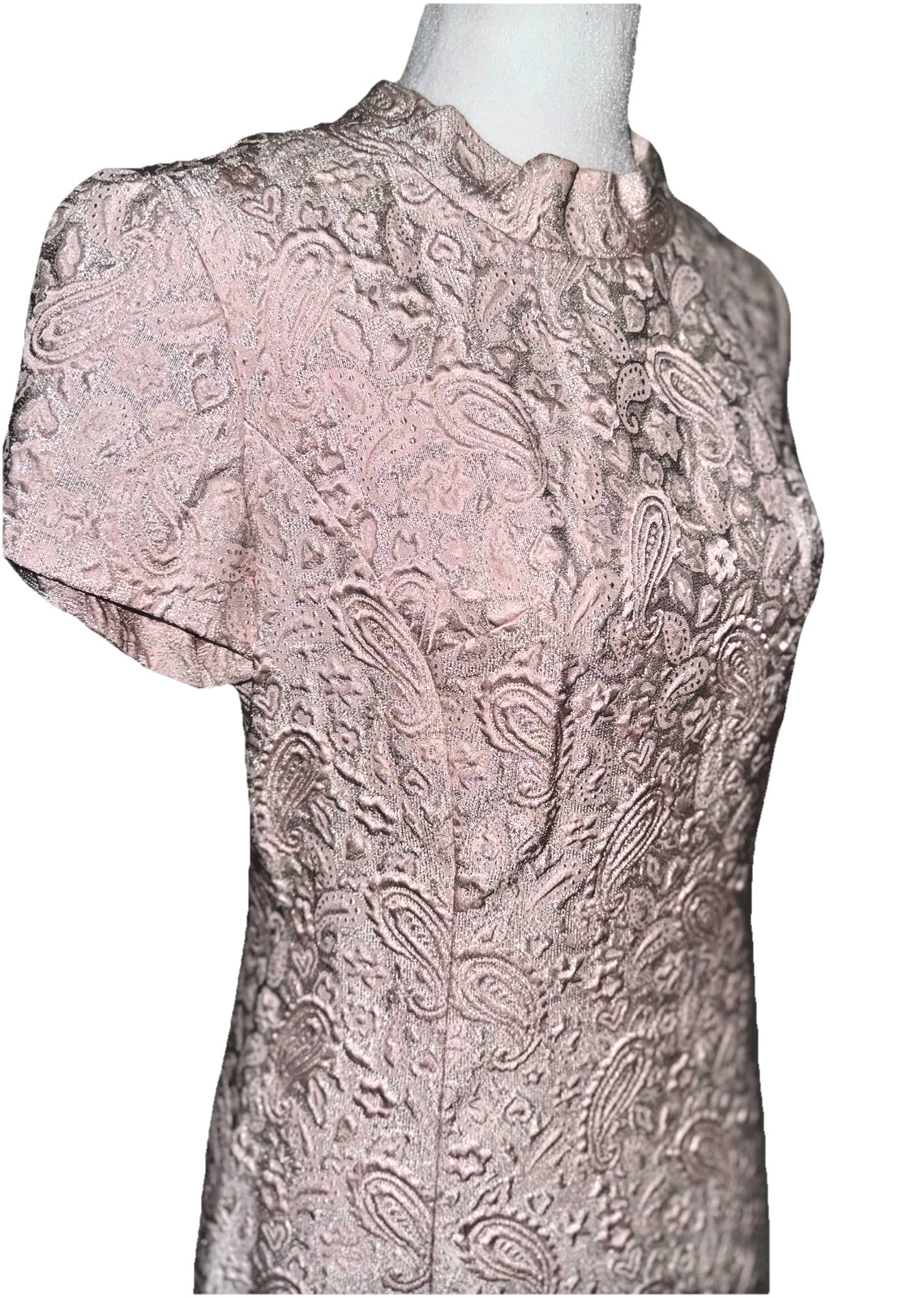 Vtg Party Dress 60s Paisley Pink & Silver Brocade Mod Cocktail Harmay S 6 36