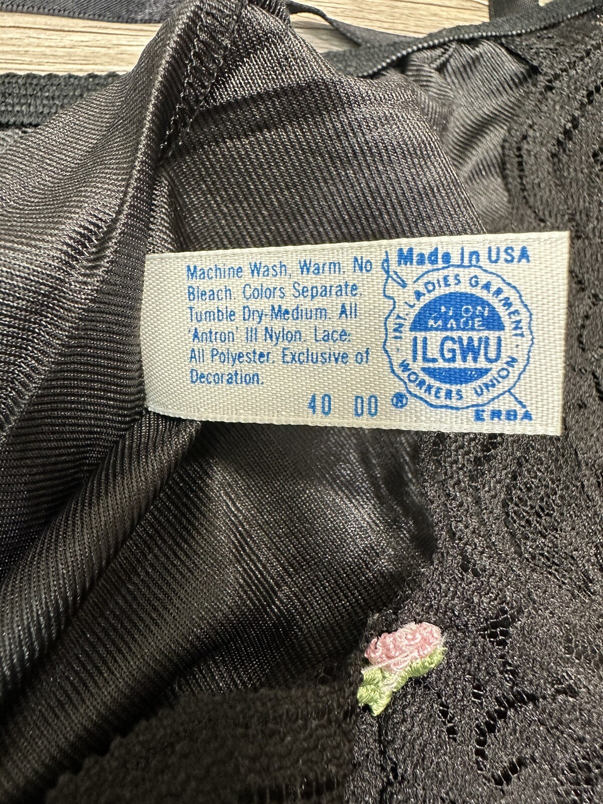 Vtg Maidenform Chantilly Lace Nylon Black Bodysuit Black Pink Rose Size M 36