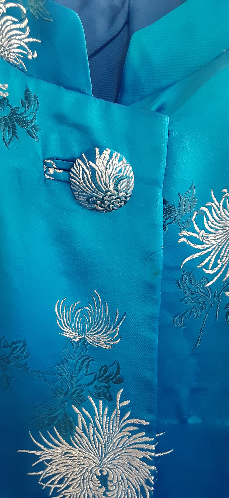 VTG Harilela&rsquo;s Custom Oriental Peacock Blue Satin Floral Swing Coat Hong Kong L