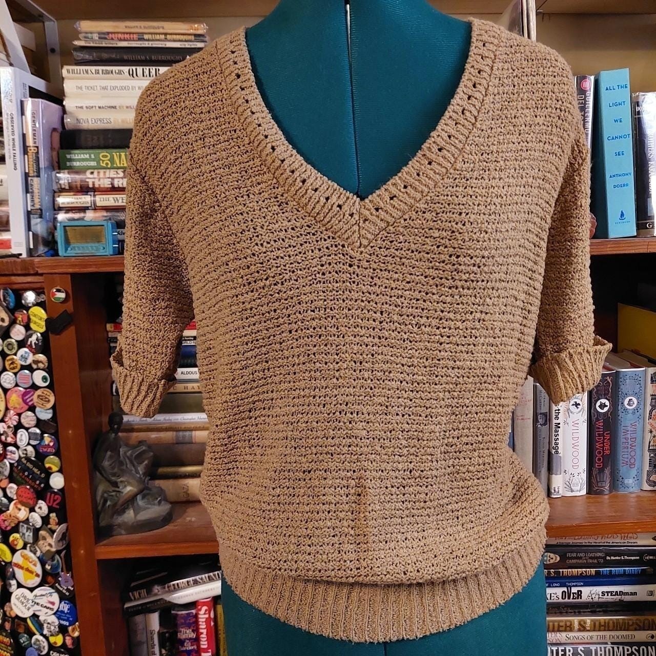 Vintage light brown V-neck short sleeve knit top.
