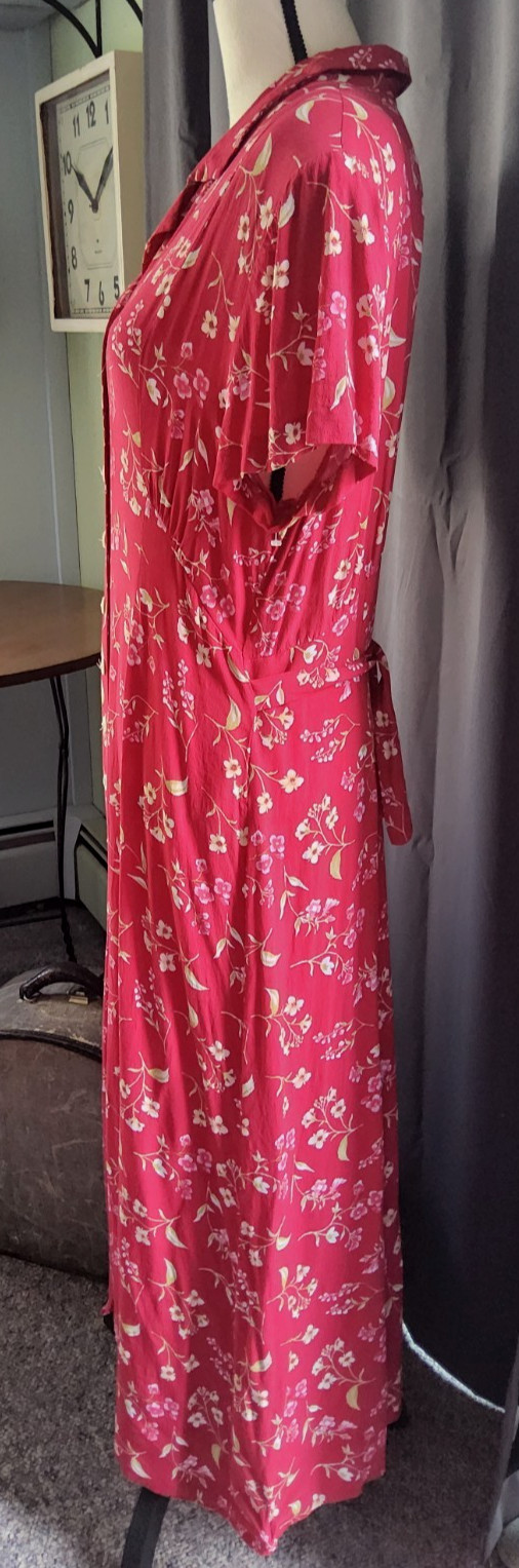 VTG RED FLORAL 1940s STYLE DAY DRESS Retro 90s Rayon. Tea Length Swingy Sz 14/16