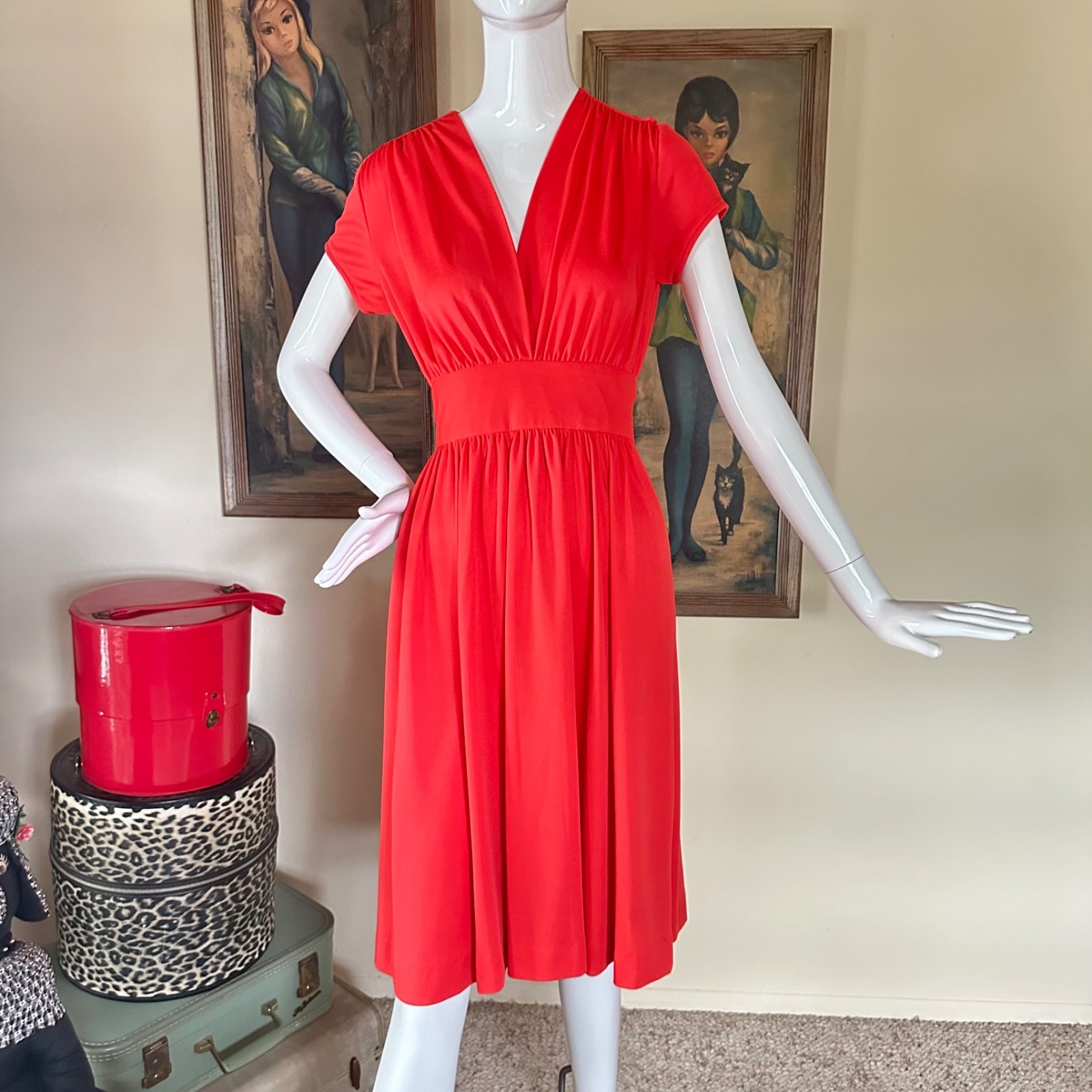 Vintage 1970s Cherry Tomato Disco Goddess Jersey Dress Studio 54 Full Skirt by M