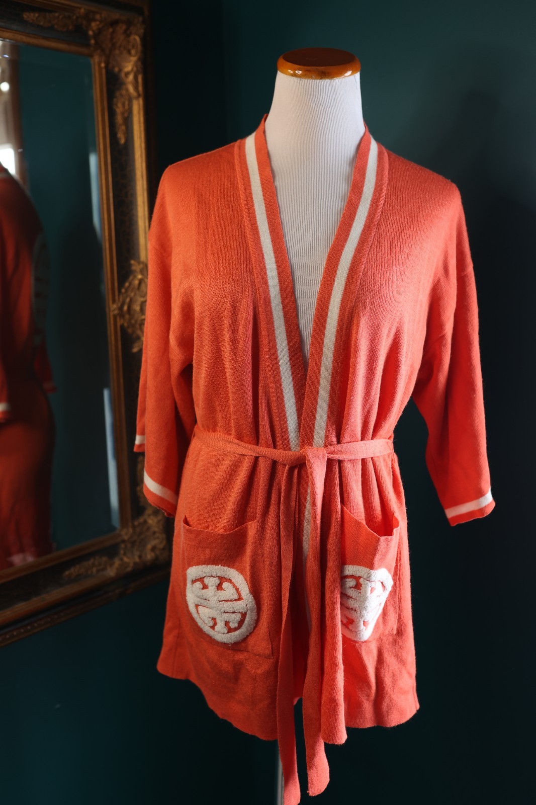 Vintage MCM Rondeau Chenille Salmon Orange Midi Tie Robe Retro Large