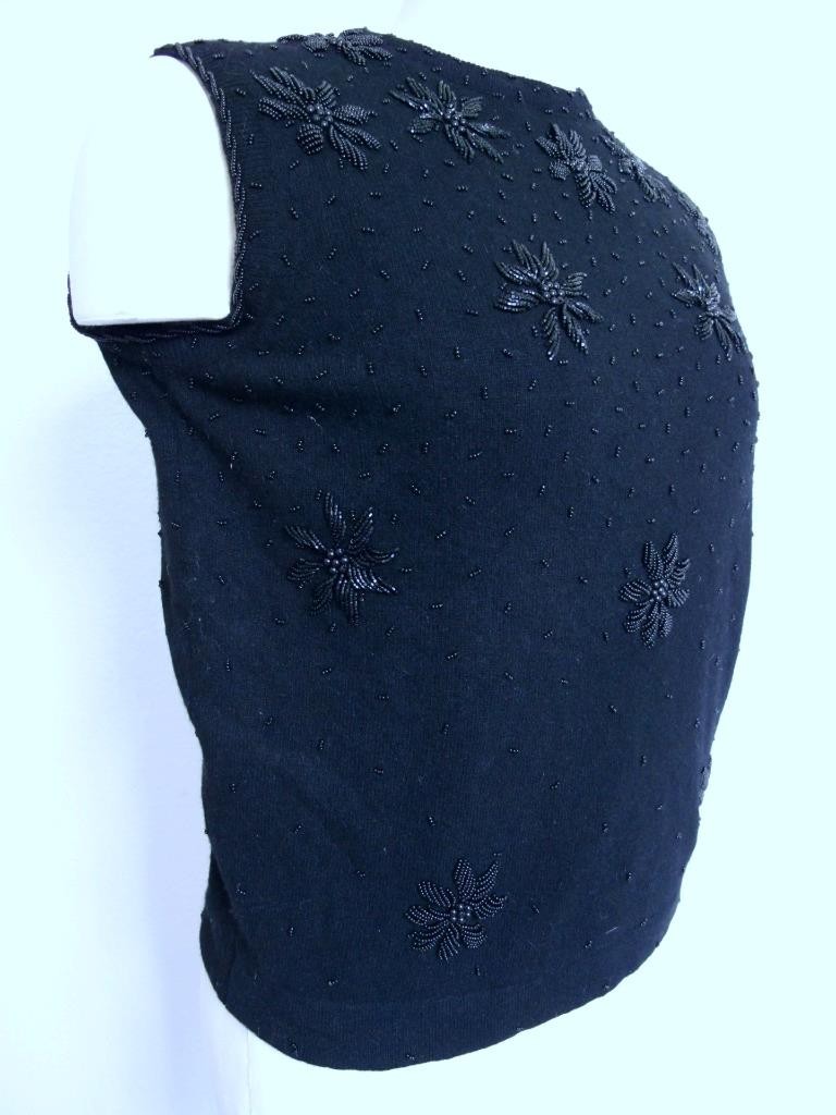 Vintage 50s 60s Wool Angora Beaded Sleeveless Sweater Shell Top Black 36&Prime; Bust