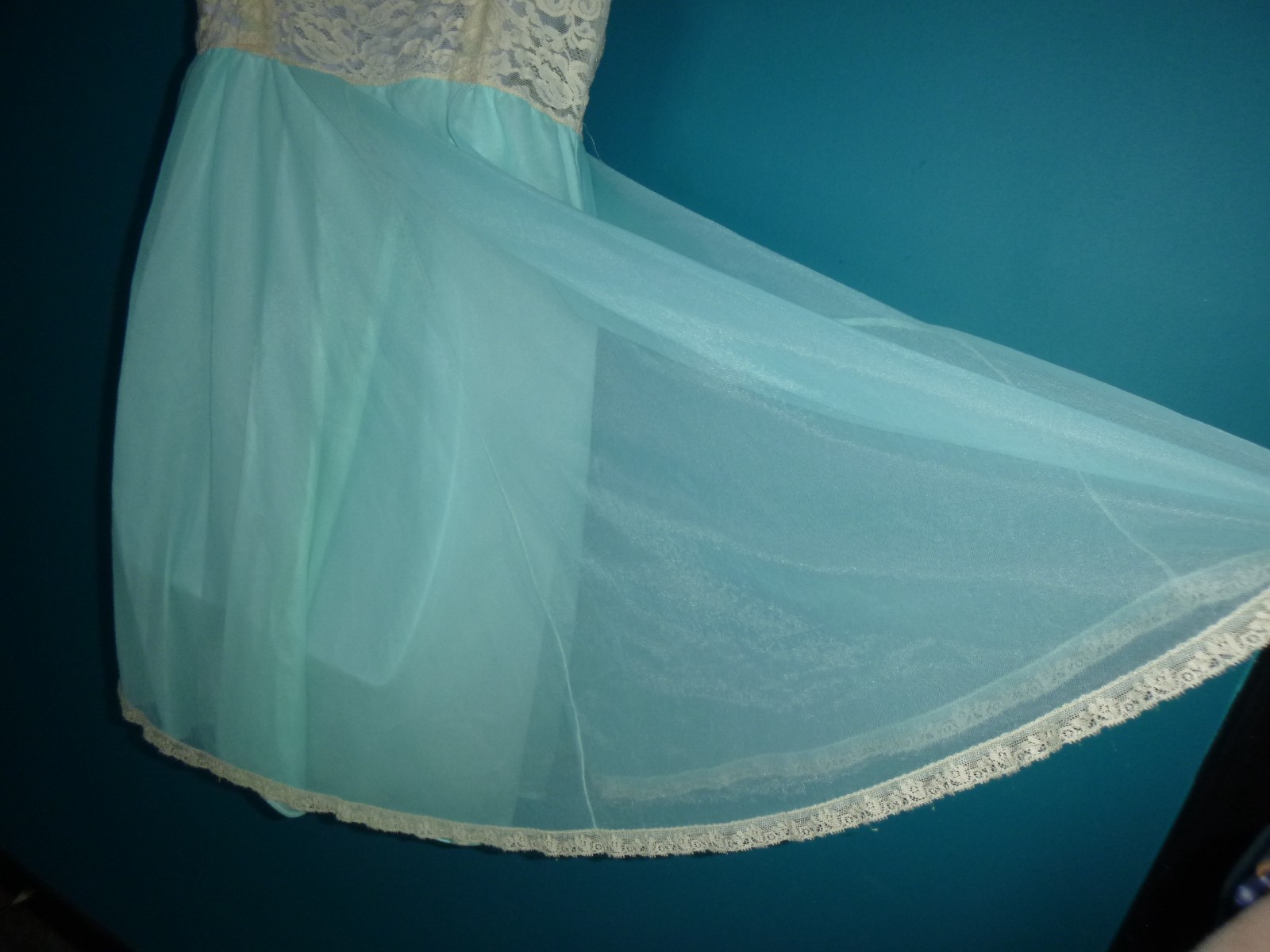 Vtg 60s Olga Sleeping Pretty Nightgown Aqua Double Layer Nylon Chiffon Sz M