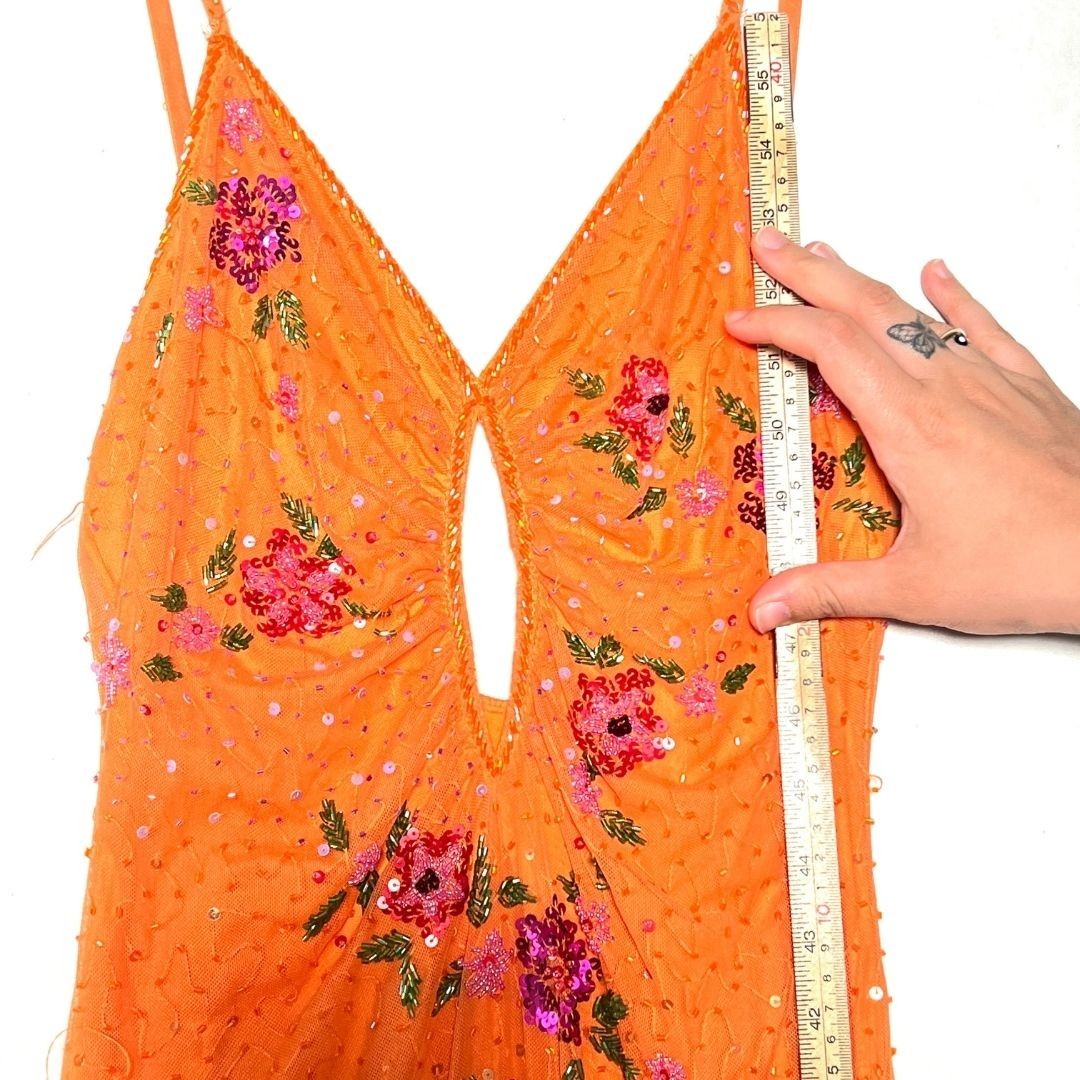 Vtg Y2k Womens Orange Sequin Ruffle Balletcore Fairy Prom Dress Sz S FLAW