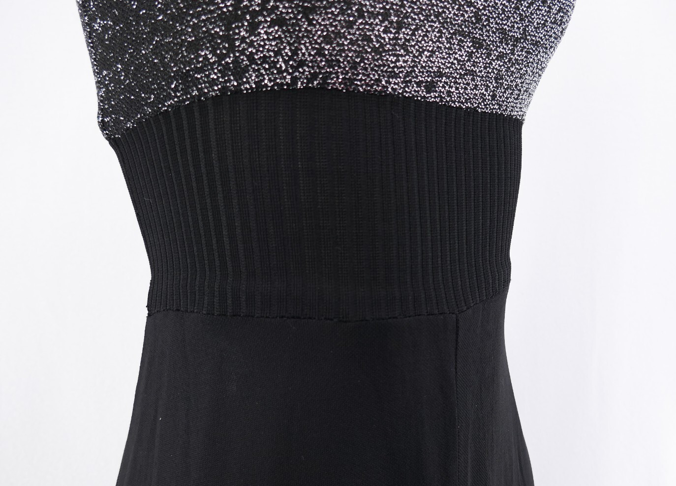 ViNTAGE 70s ATOMiC SiLVER METALLiC LUREX HiGH WAiST BLACK MAXi DRESS & JACKET S