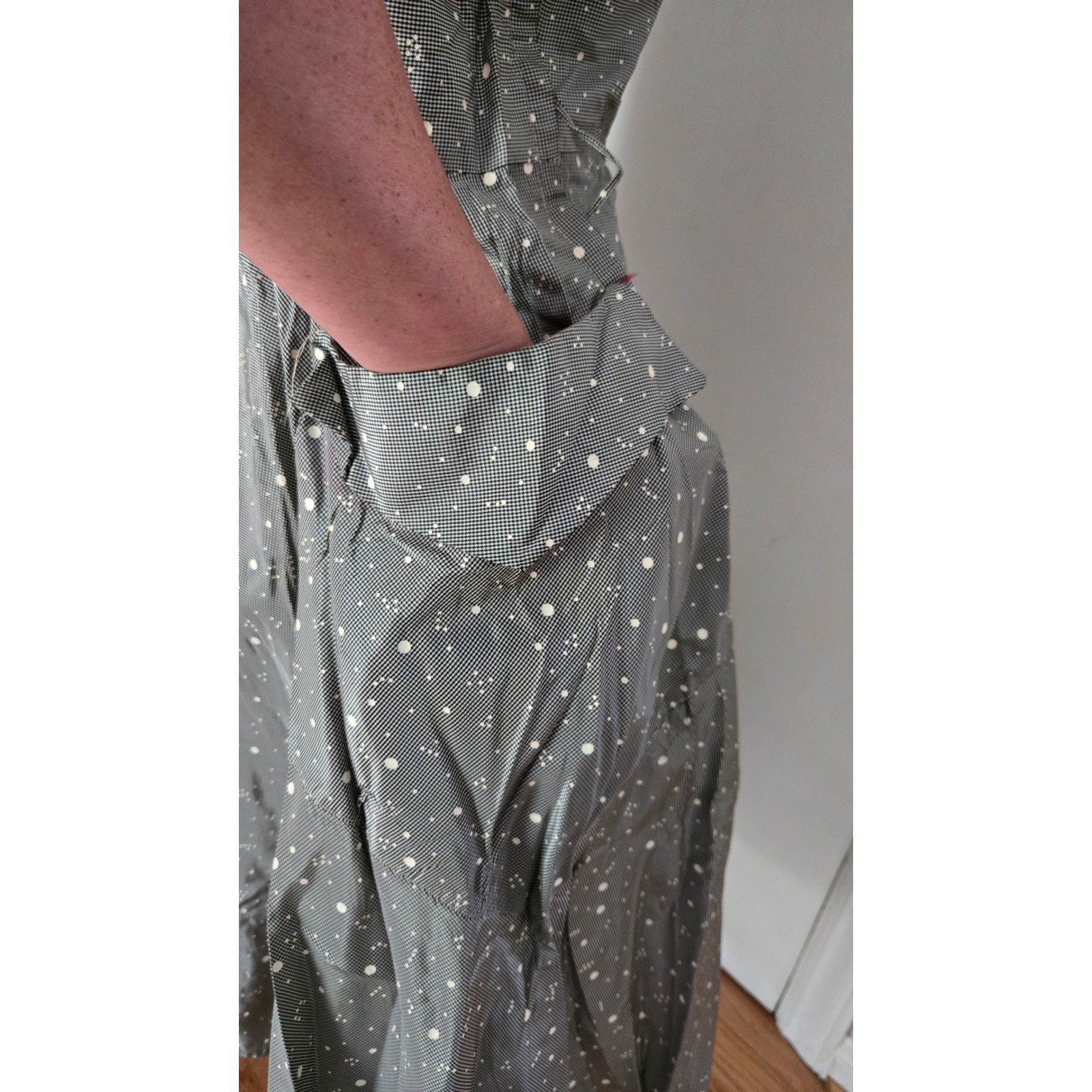 Vintage 50s Grey Atomic Splatter Dot Cotton Dress Red Lined Pockets Rockabilly