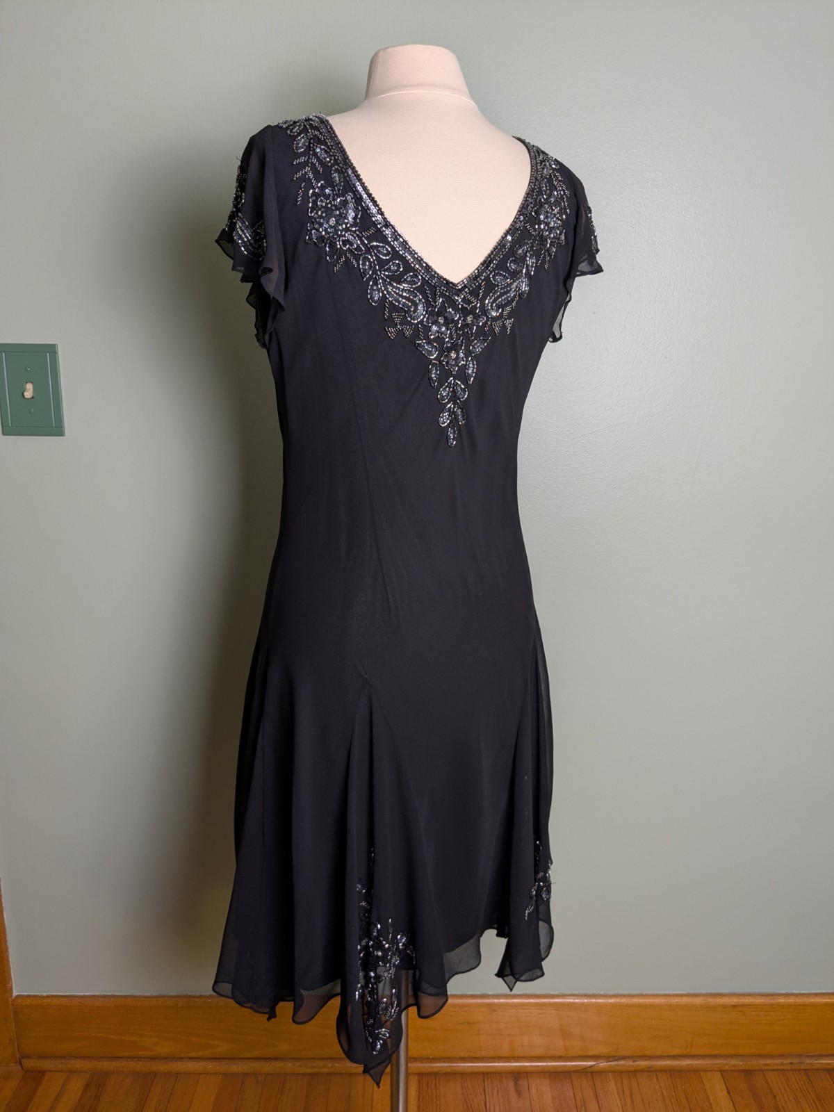 Old Hollywood Inspired Beaded Black Flowy Slip Dress