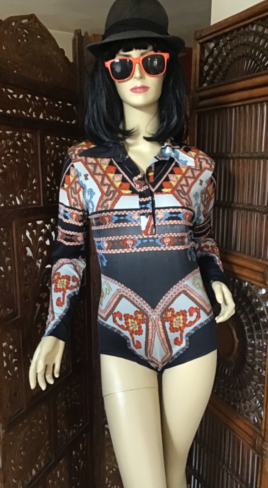 Vintage 1970s Mod Bodysuit Versace Style Print