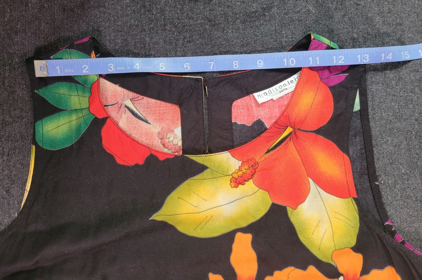 Vintage 80s 90s Black Floral Bright Hawaii Midi Dress Tie Back Shift M/L Beaded