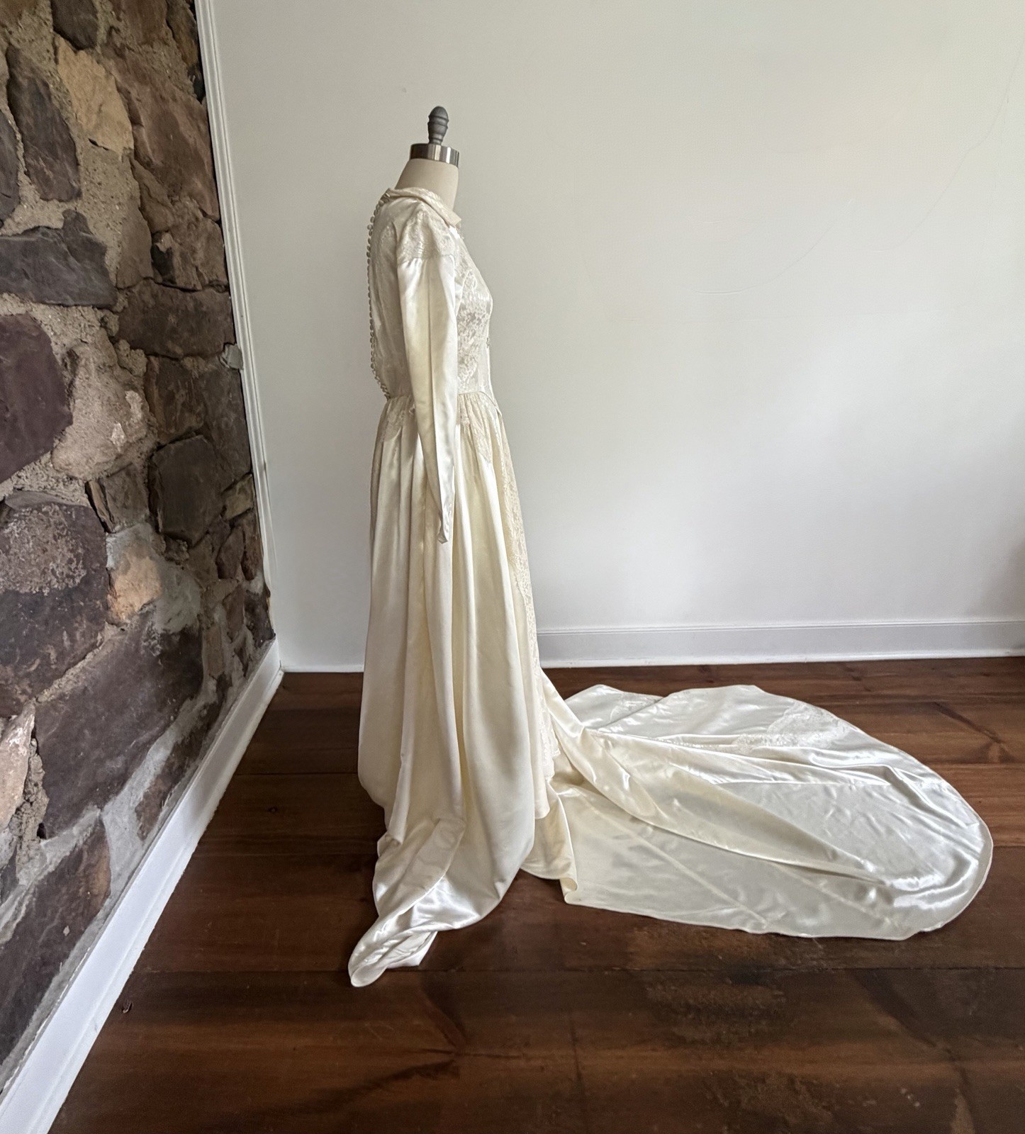 Vintage 1940s Wedding Dress, Liquid Satin,Ivory, Long Dramatic Train, Lace