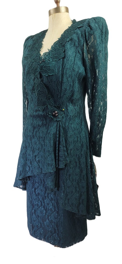 NWT Vintage Cachet by Bari Protas Green lace women&rsquo;s Skirt Top Jacket Set 11/12