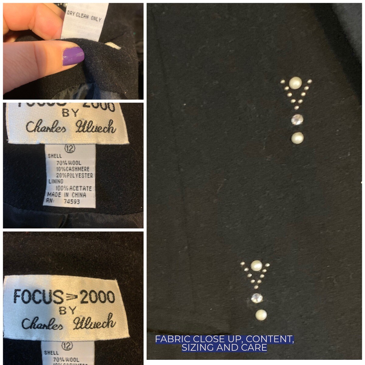 VINTAGE 1980&rsquo;S FOCUS 2000 BLACK WOOL & CASHMERE BLEND BEADED BLAZER SIZE 12