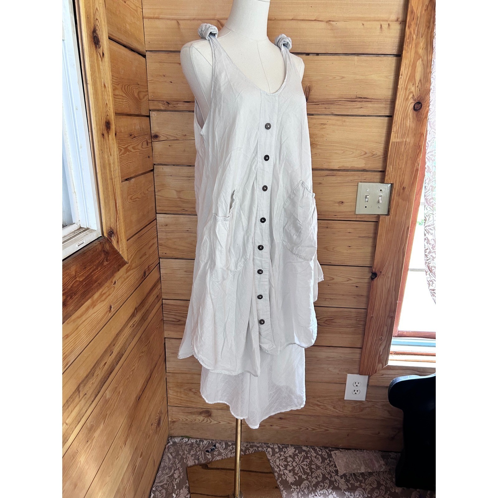 Vintage Cotton Shift Dress Large Cream Button Front Boho Om Grown Lagenlook Orga