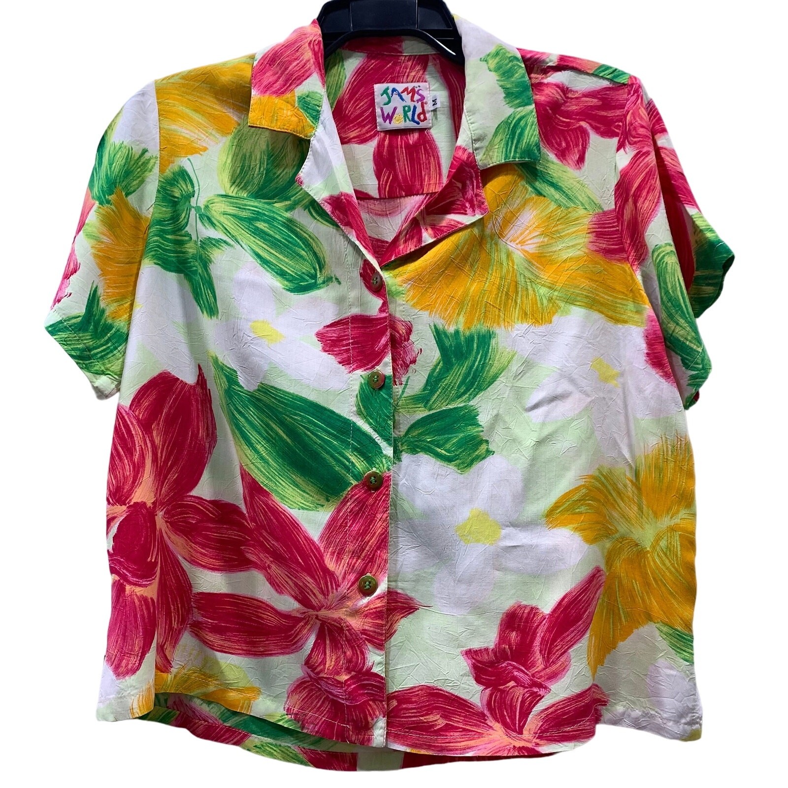 80s 90s Jams World Button Up Crop Blouse | Bright « Orchadia » Floral Pattern