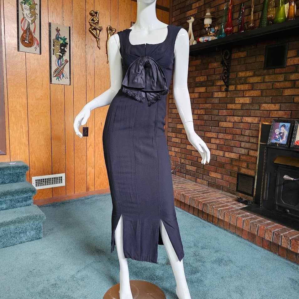 Vintage 50s Betty Carol Mam&rsquo;selle Morticia Wiggle Pencil Evening Gown Dress XS