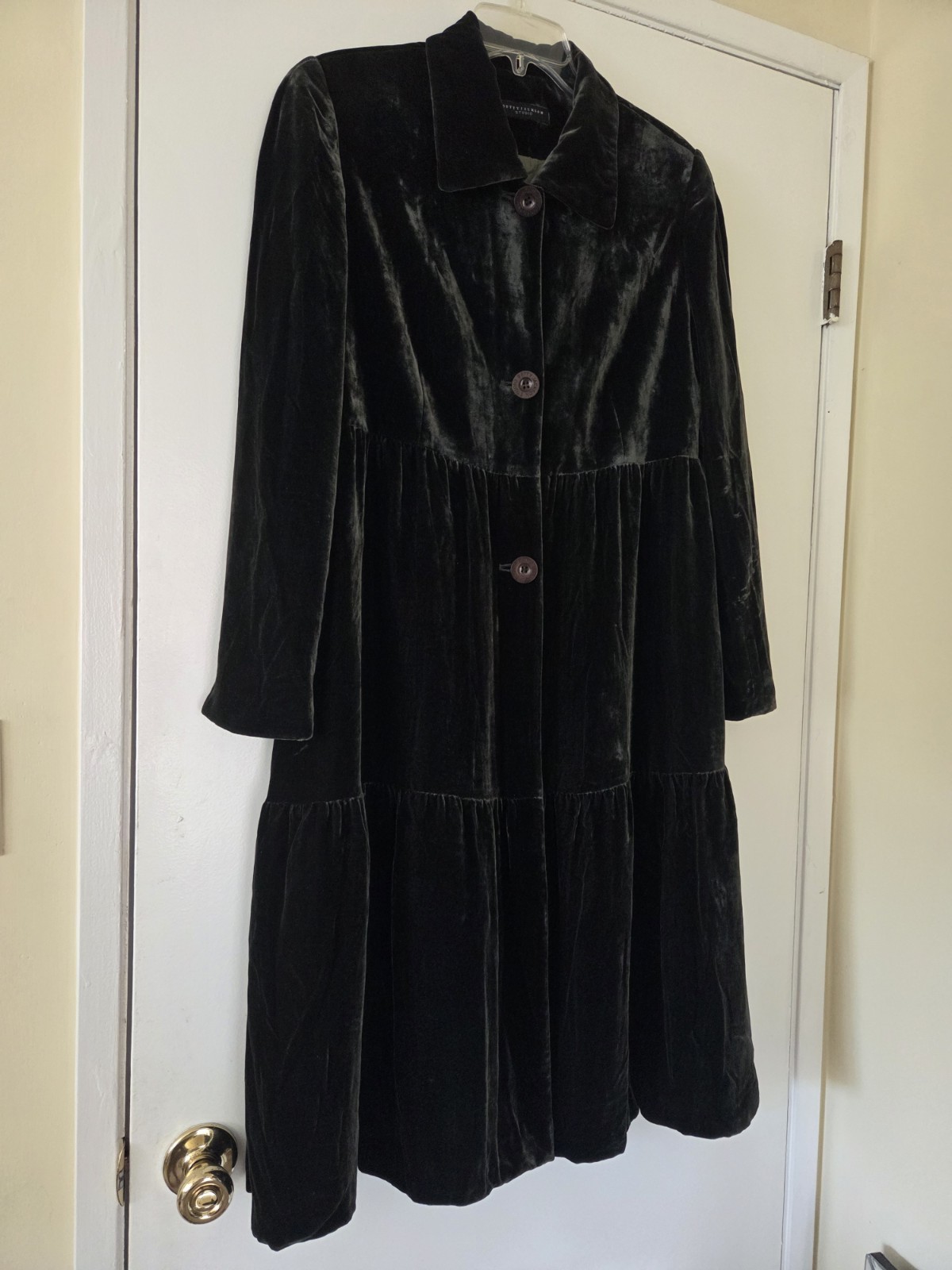 Vintage 90s Betty Jackson Studio Opera Duster Coat Forest Green Velvet Tiered
