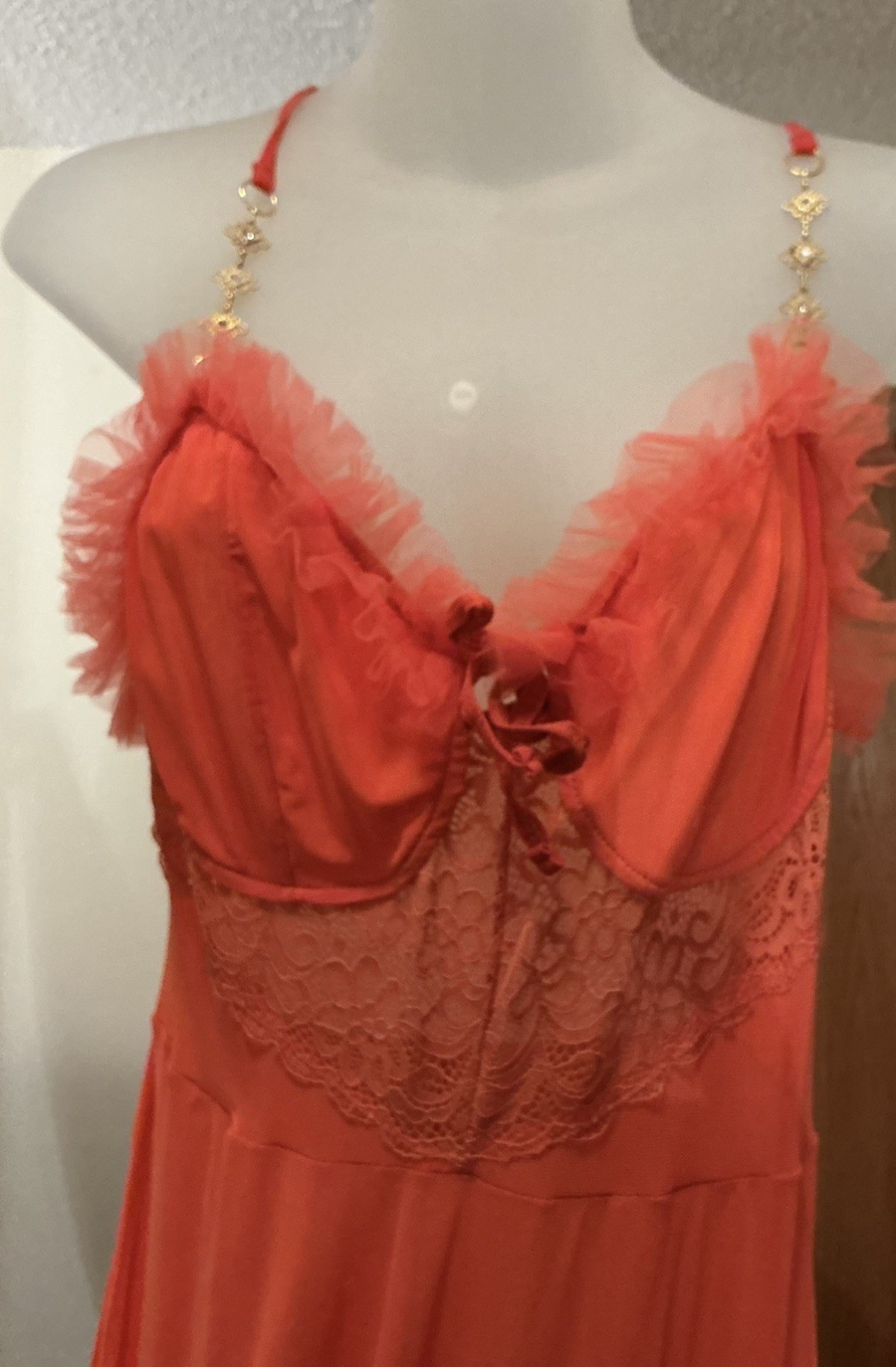 Full Sweep Orange Citron See-Through Lace FULL SHEER Chiffon Nightgown Gown L