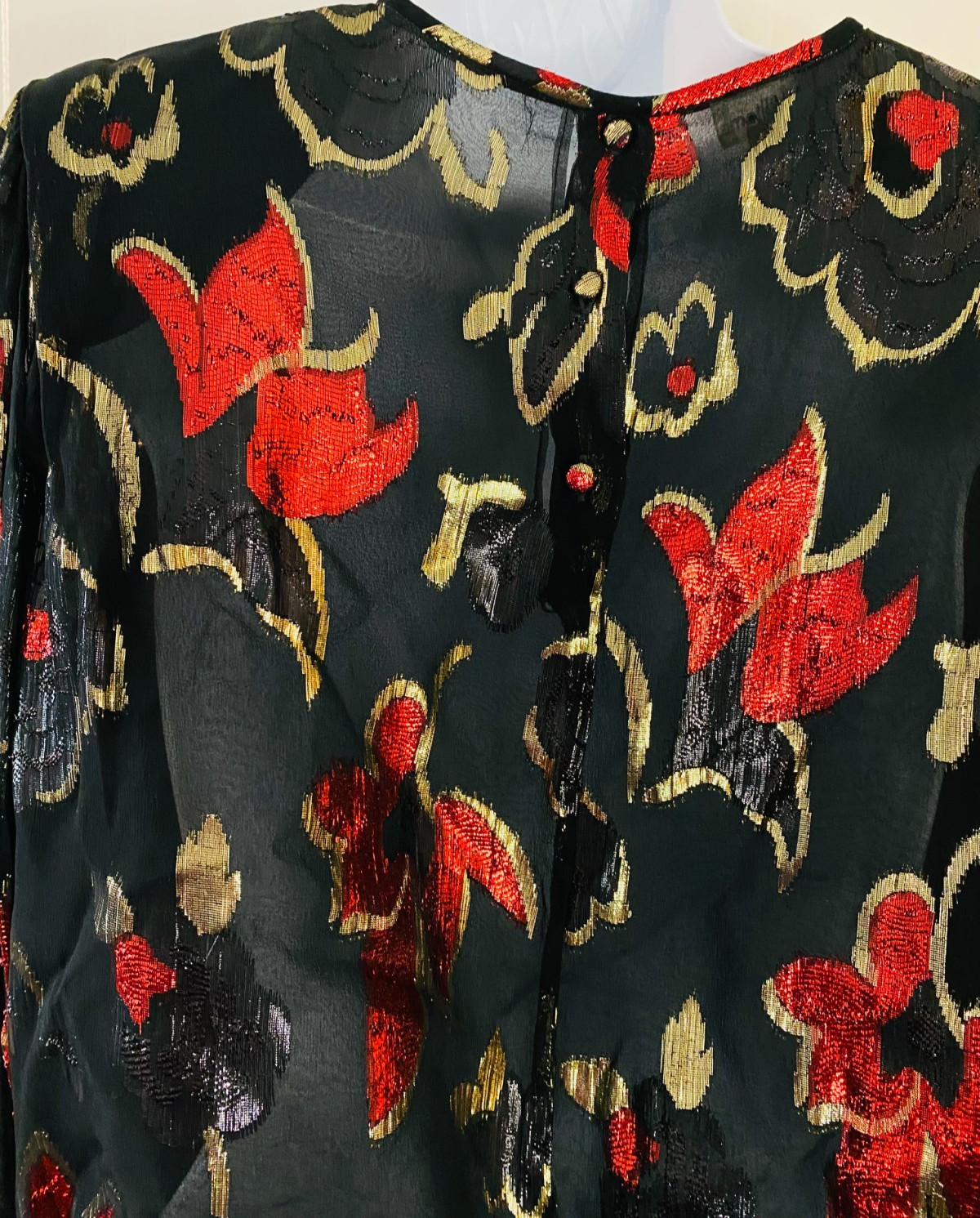 Vintage LLOYD WILLIAMS Sheer Blouse Black with Black, Gold & Red Floral shiny