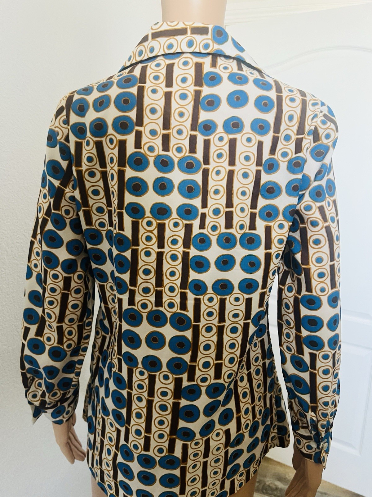 VTG 70s Disco Bold Geometric Circles Big Collar Blouse Graff Californiawear Top
