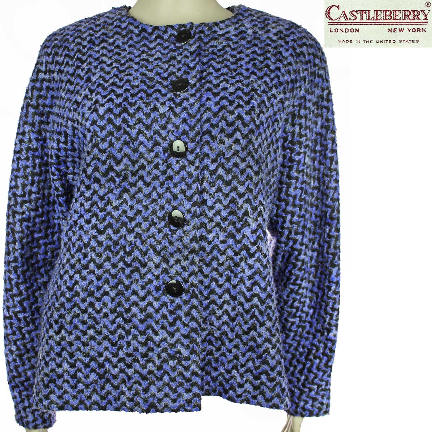 1980s Vintage Castleberry Suit Jacket Blazer Blue Wool Mohair Blend Boucle 12