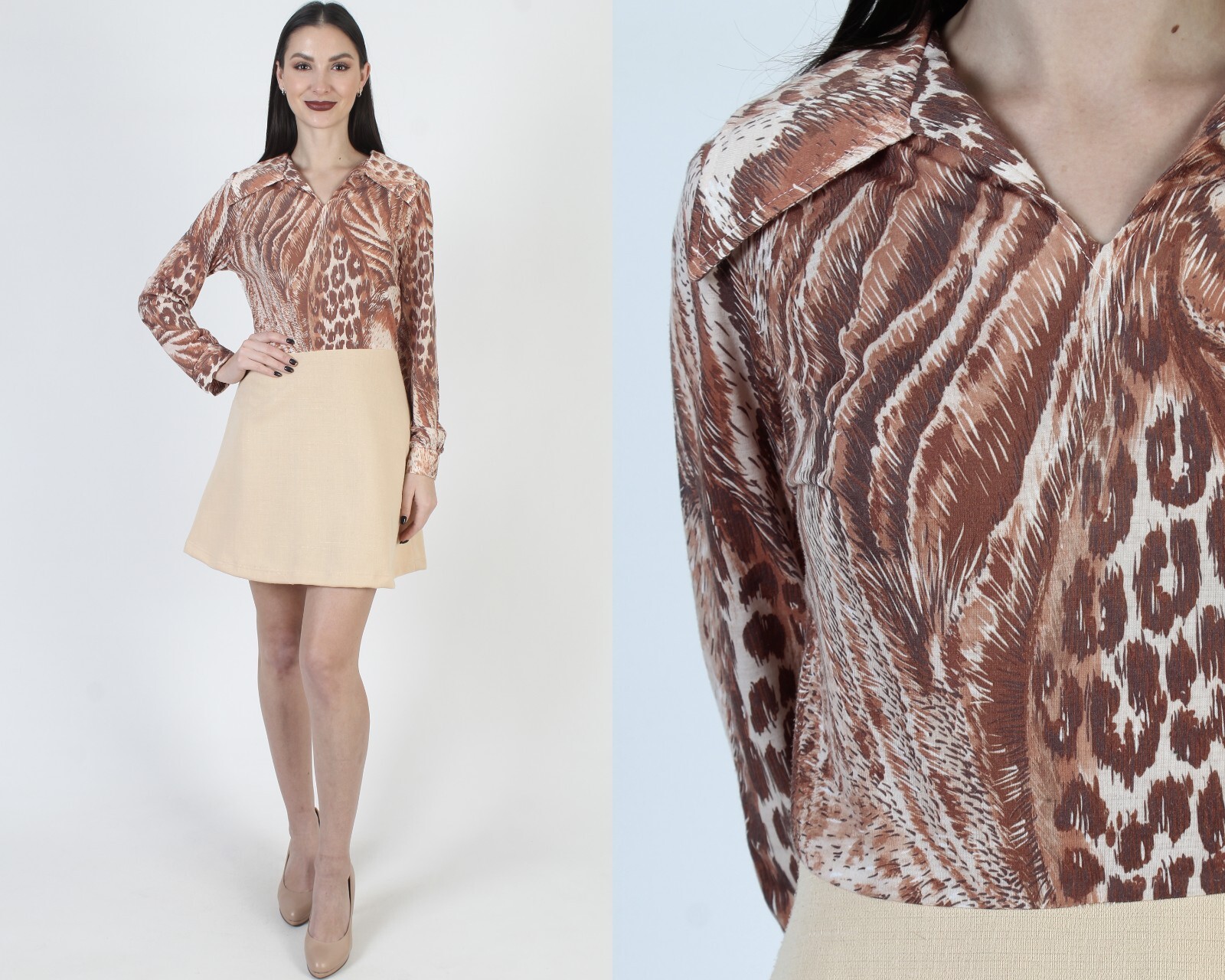 Vintage Leopard Animal Print Dress Dagger Butterfly Collar Jersey Disco Cocktail
