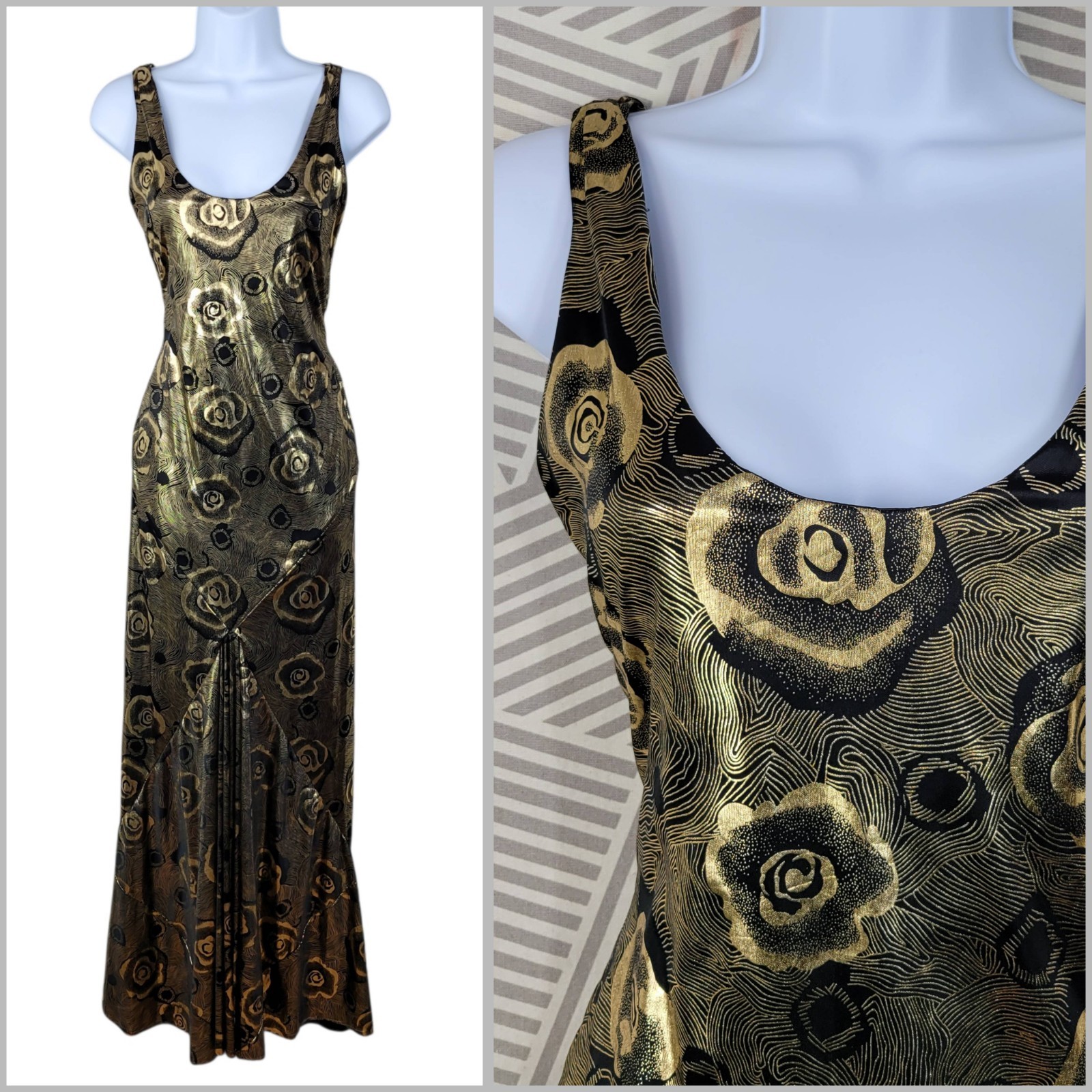 Vintage 70s Metallic Gold Long Evening Gown Dress Small Glamour Liquid Floral