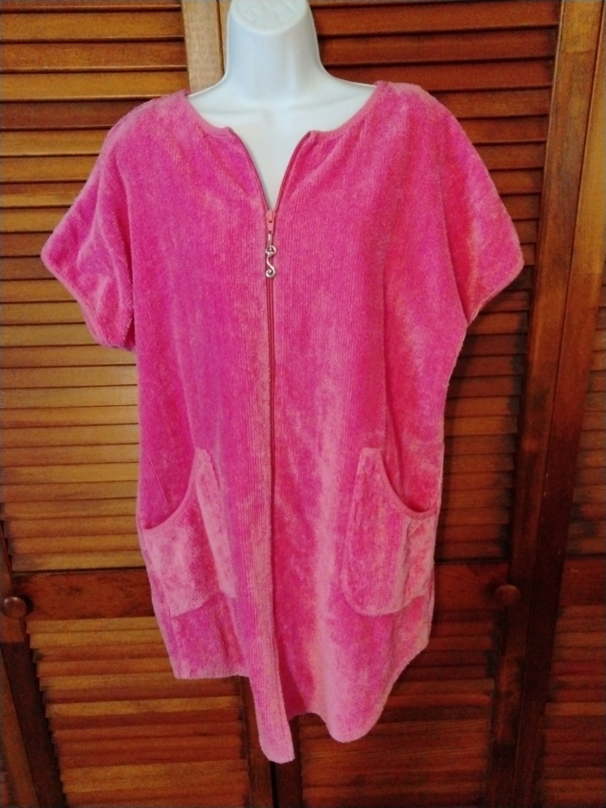 Stan Herman Pink Chenille Zip Front Robe Short With Pockets Size M/L