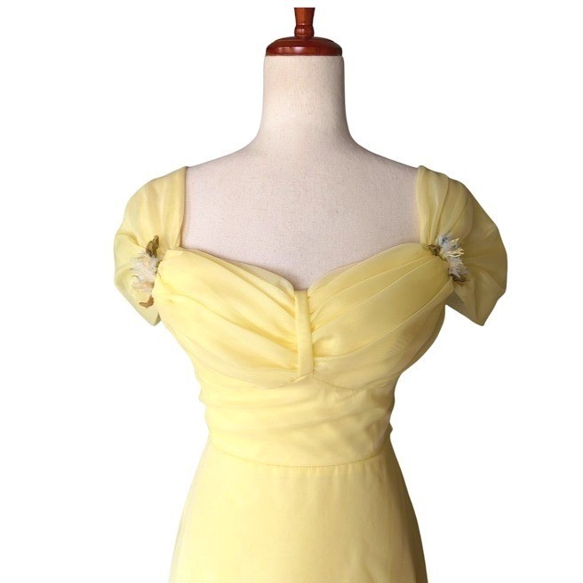 Vintage 70sButter Yellow Chiffon Sweetheart Ruffle Hem Prom Dress Size 7/8