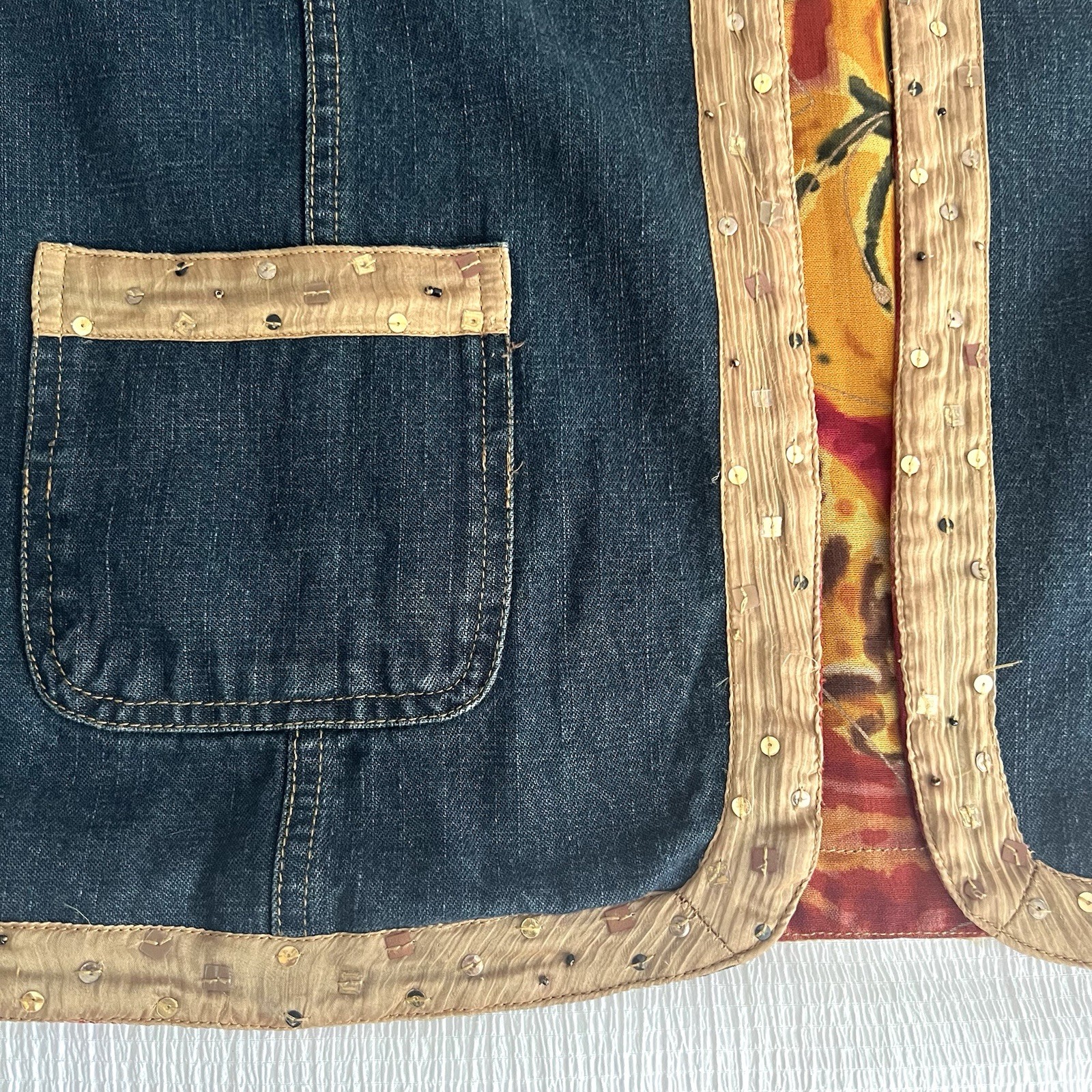 Vintage Units Denim Jacket Reversible Floral Art To Wear Sequins Womens XL FLAW