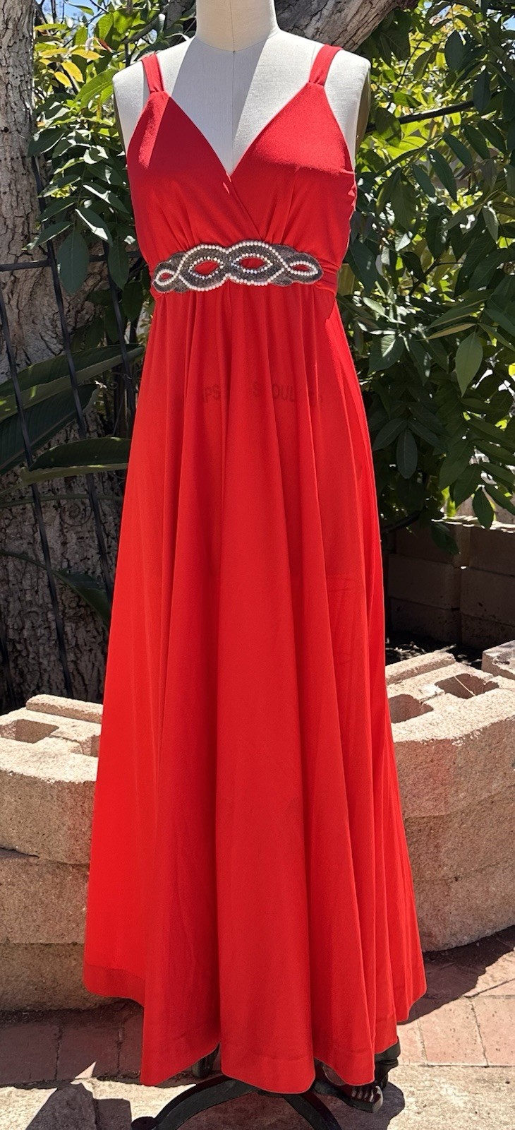 Vntg Lilli Diamond Red Evening Gown Long Cocktail Dress Beaded Waist V‑Neck 12