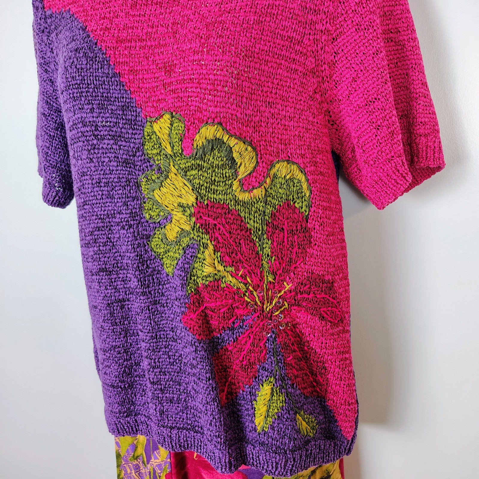 Koret Vintage 2 Piece Set Womens Medium Pink Purple Floral Knit Top Maxi Skirt