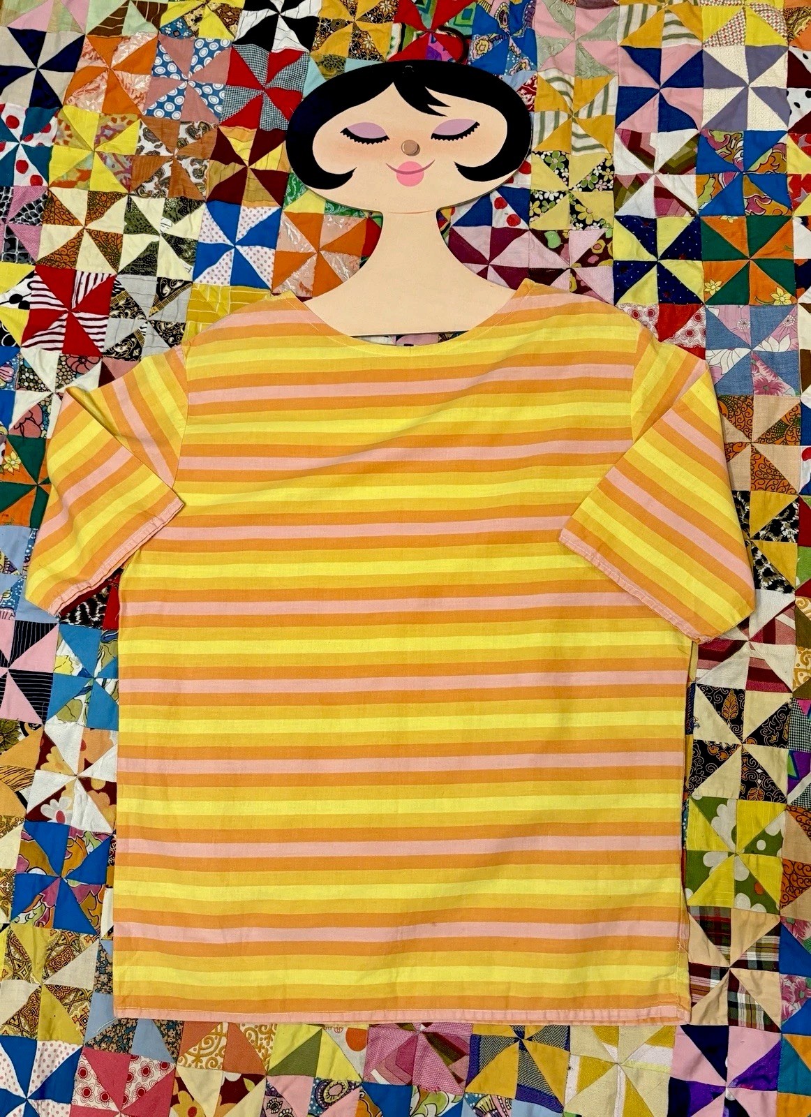 Vintage 60s Mod Striped Pink Yellow Orange Cotton Shirt