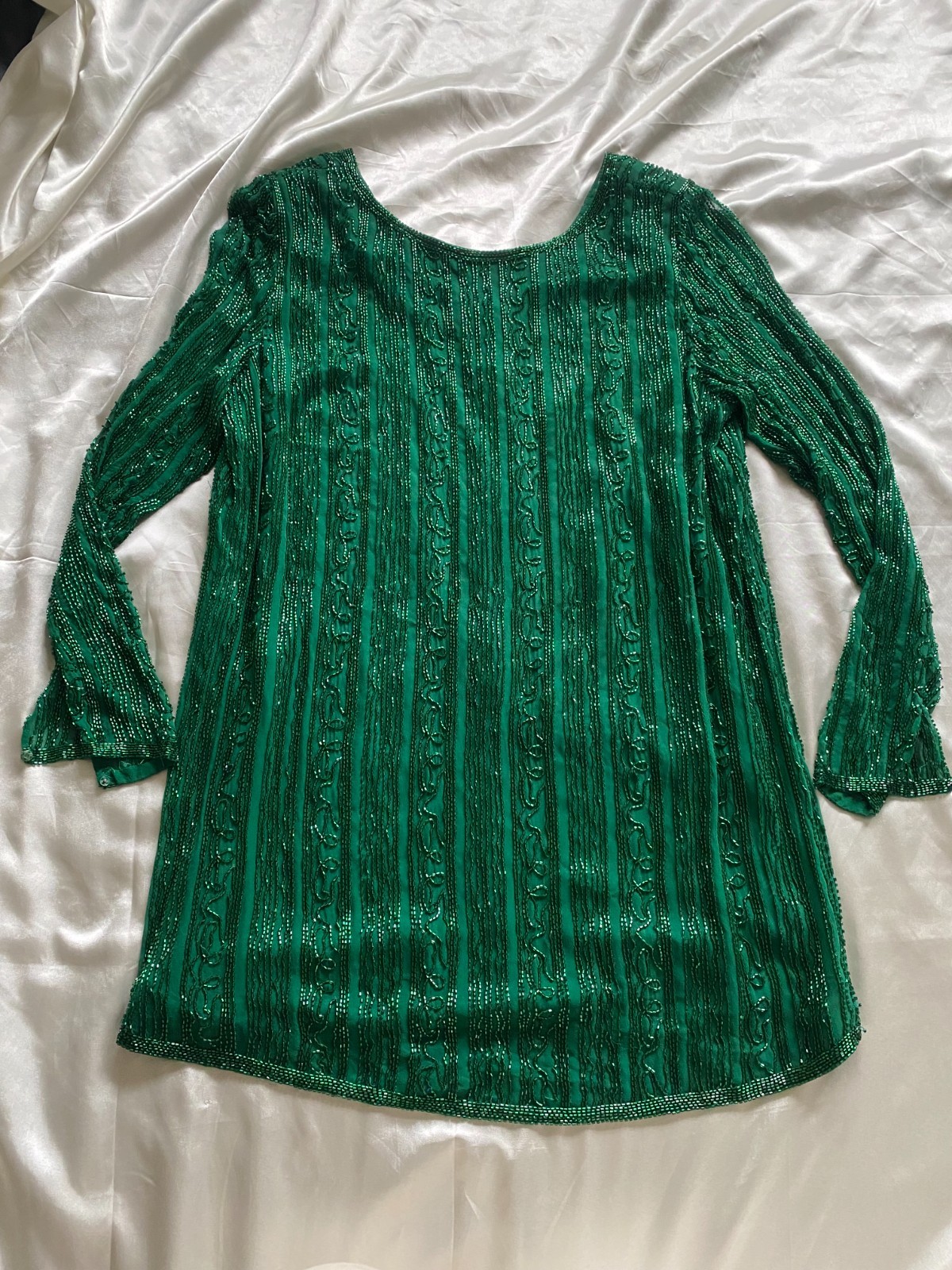 Vintage 1980s Black Tie Oleg Cassini Green Beaded 100% Silk Tunic / Mini *read*