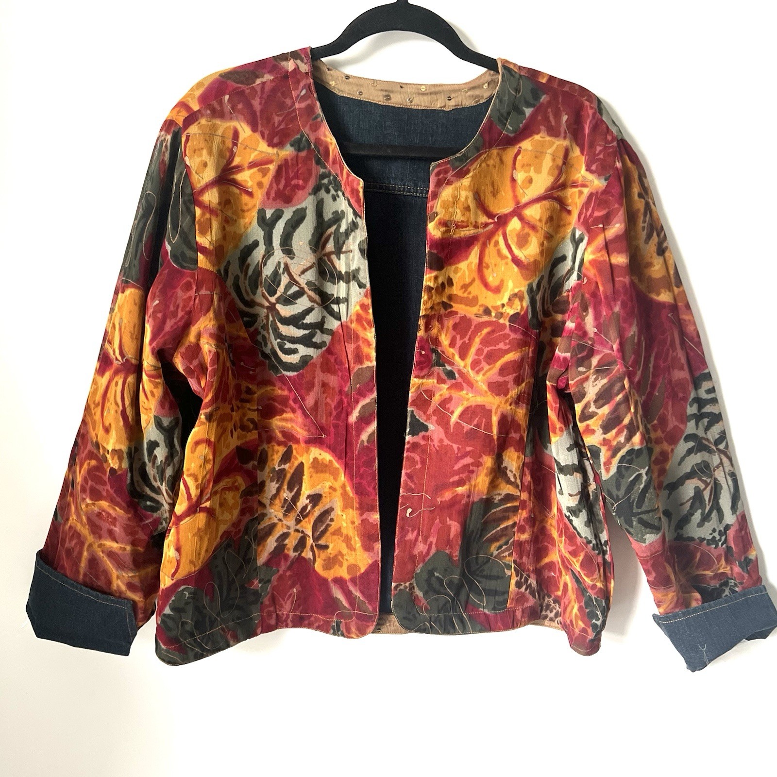Vintage Units Denim Jacket Reversible Floral Art To Wear Sequins Womens XL FLAW