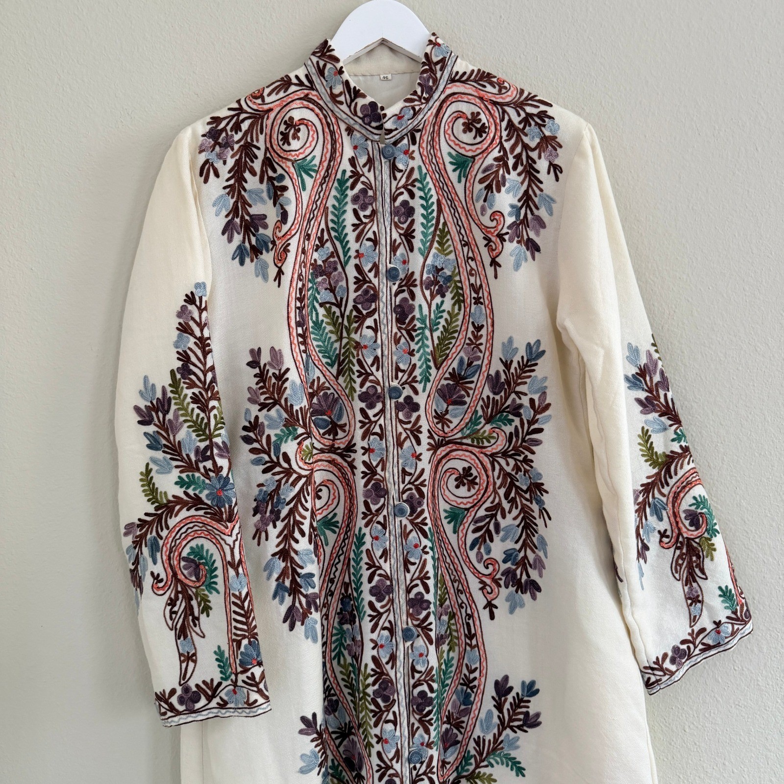 Woolen Coat Long Jacket Off-White, Multicolor Embroidery Size 46 (14, XL) Boho