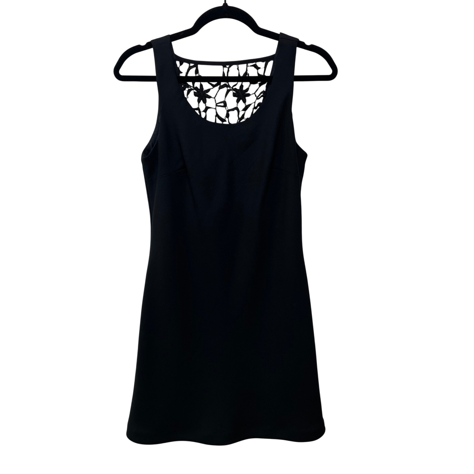 Vintage 90s Rampage Black Crochet Back Mini Dress Sleeveless Shift Size 7 USA