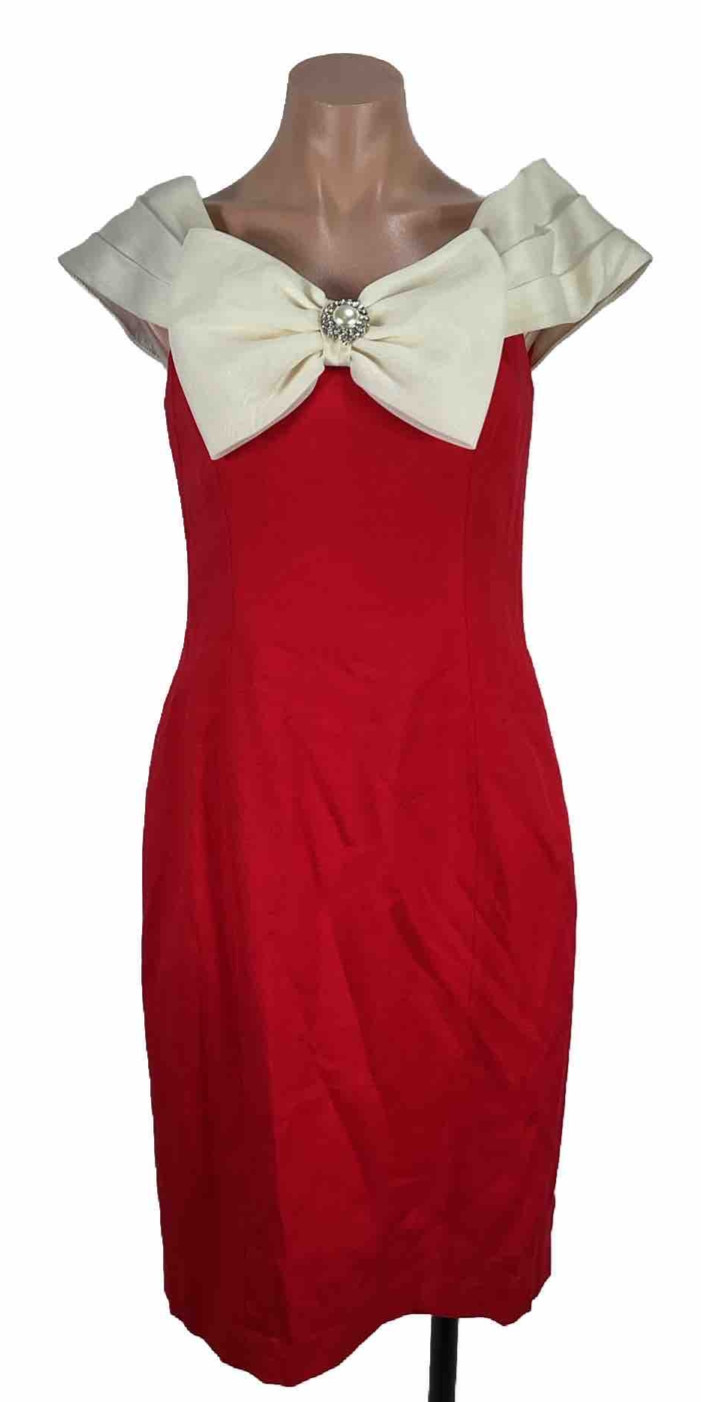 AJ Bari Vintage 80s Red White Pearl Off Shoulder Prom Dress Bow Formal Cocktail