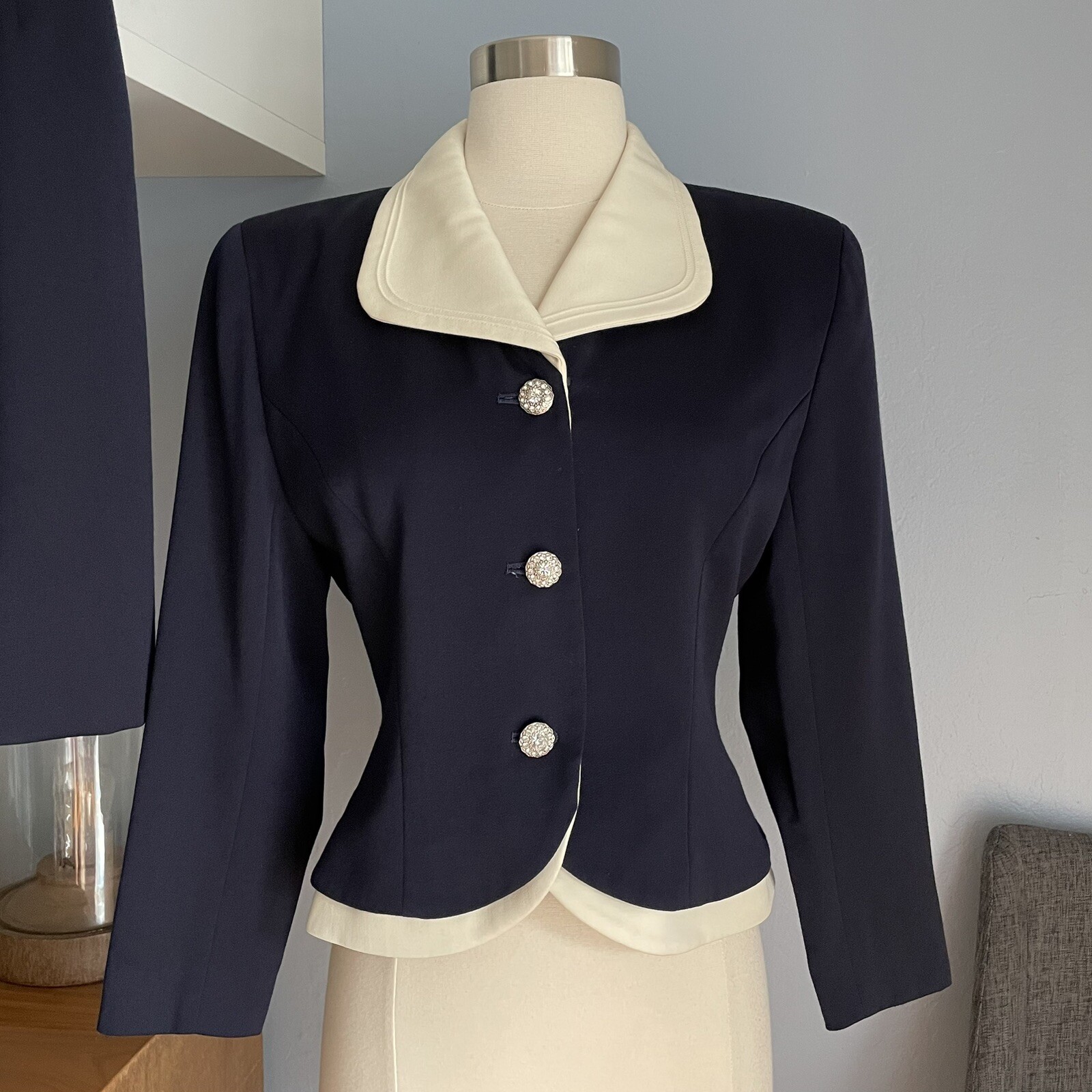 Courreges Vintage 80’s Jacket & Skirt Suit Wool Navy w/Rhinestone Buttons S