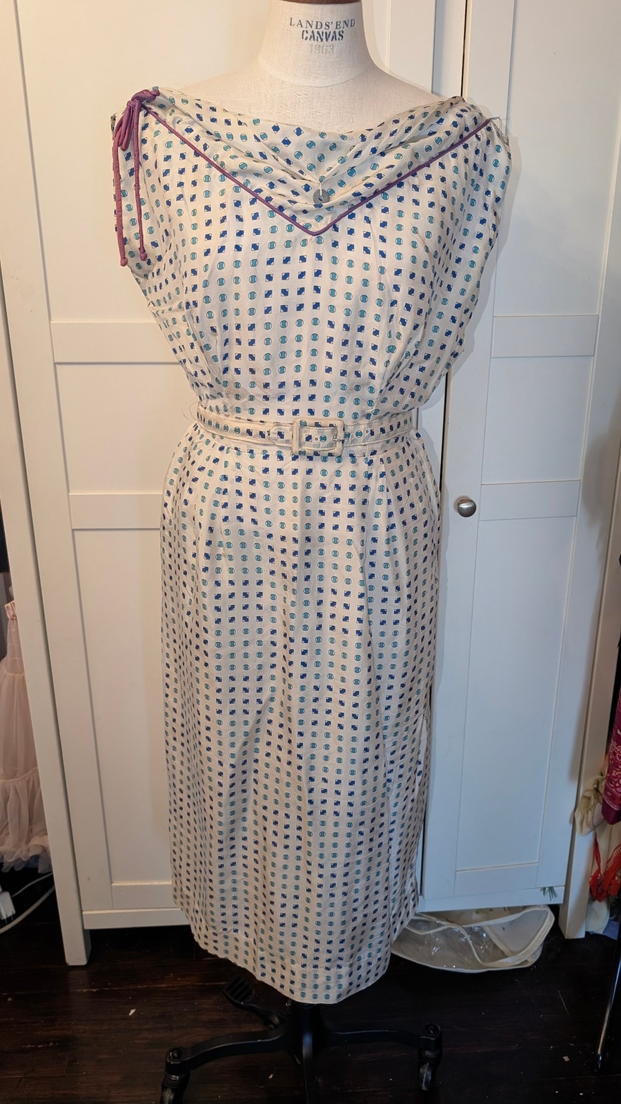 1950s silk Vintage Geometric Print Midi Dress, White and Blue